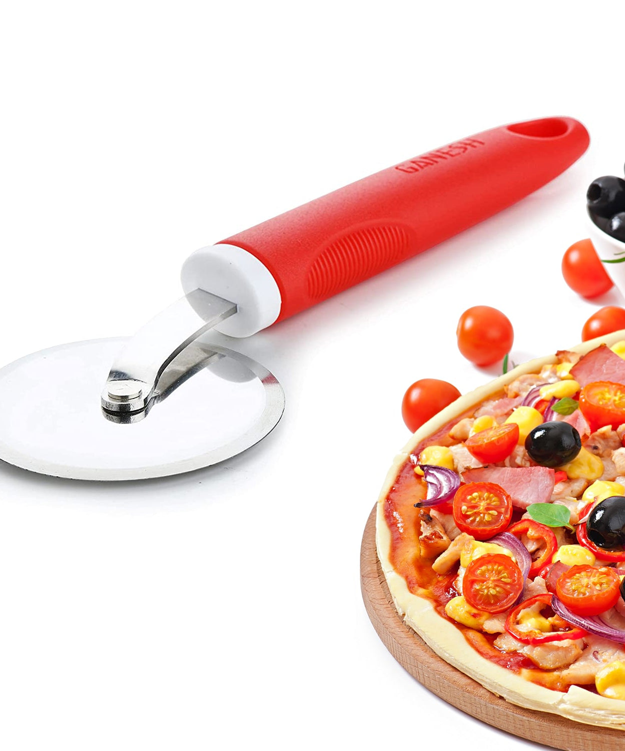 Ganesh pizza cutter, stainless steel wheel, shown in use.