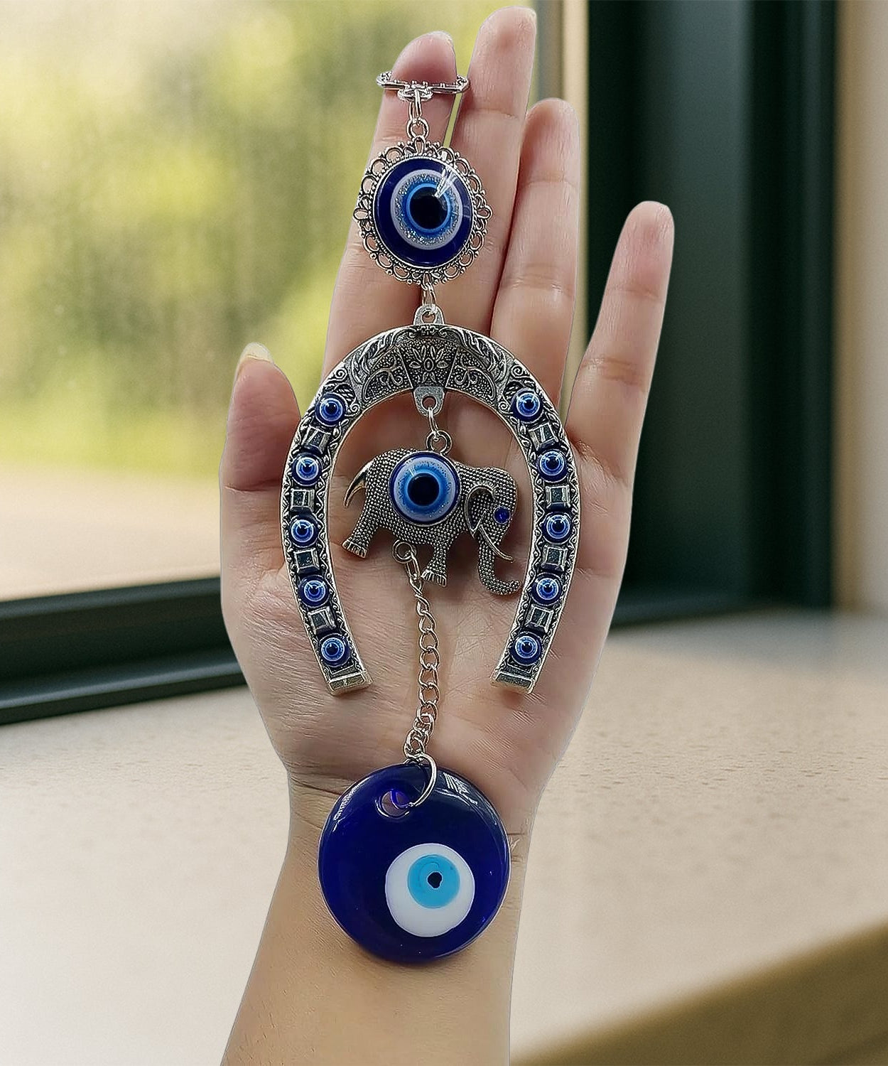 Decorative Evil Eye Hanging with Elephant and Horseshoe Motif,  Wind Chime (1 Pc)