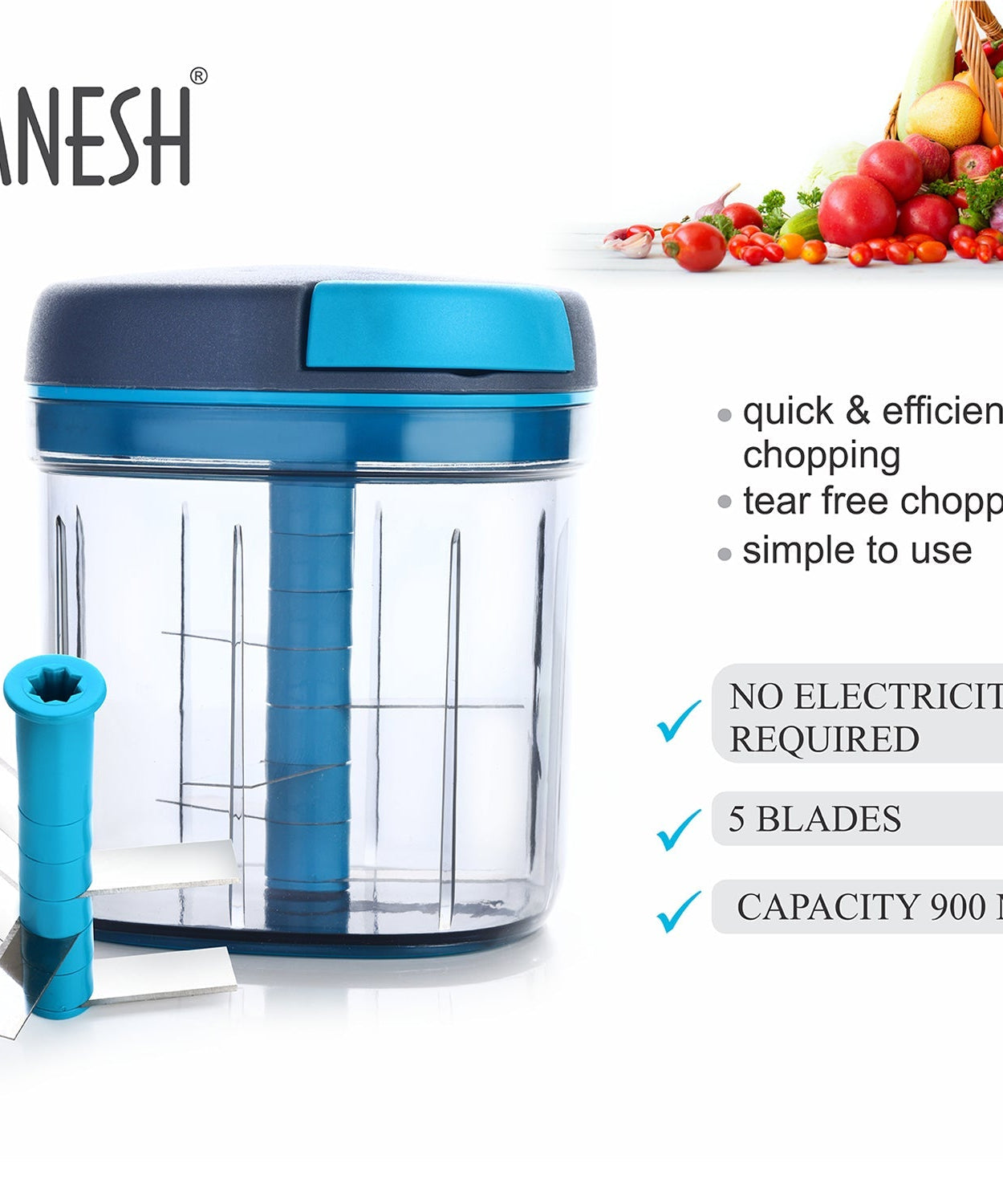Ganesh Master Chopper, XL size with 5 stainless steel blades, shown from various perspectives.