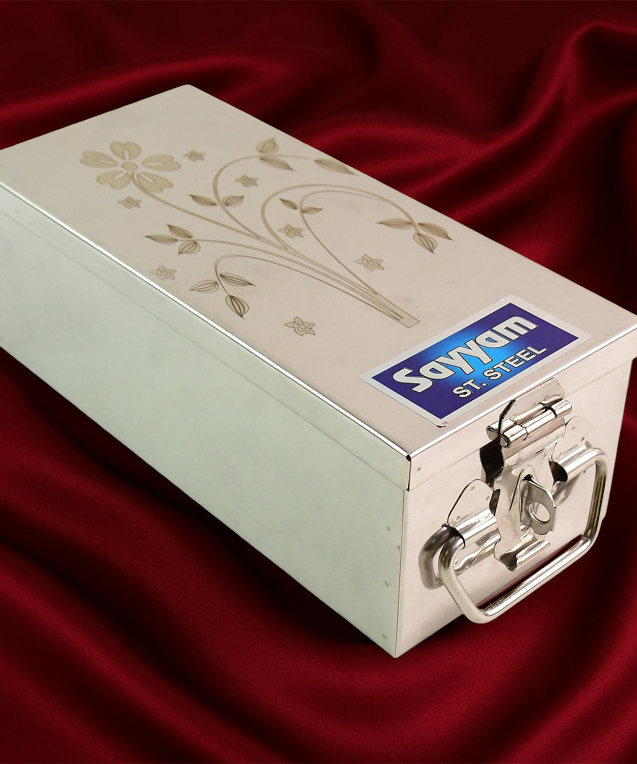 Premium Stainless Steel Velvet Lined Jewellery Storage Box with Lock and Red Interior