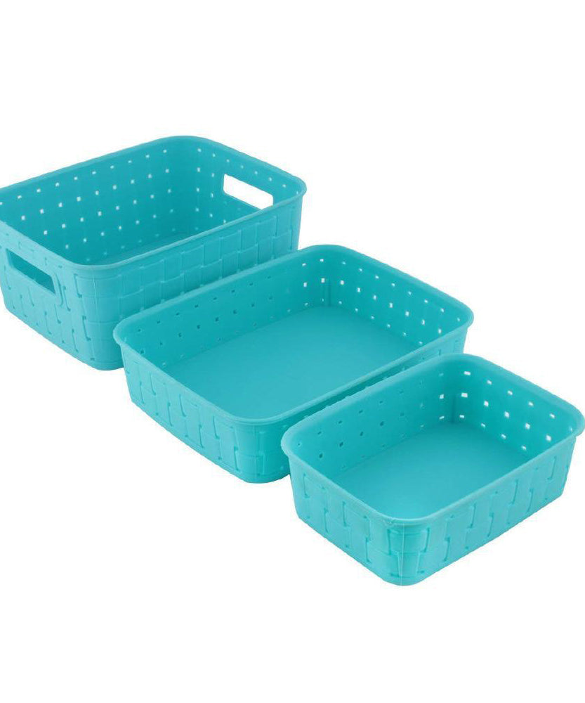 Versatile storage baskets set for home organization and kitchen use.