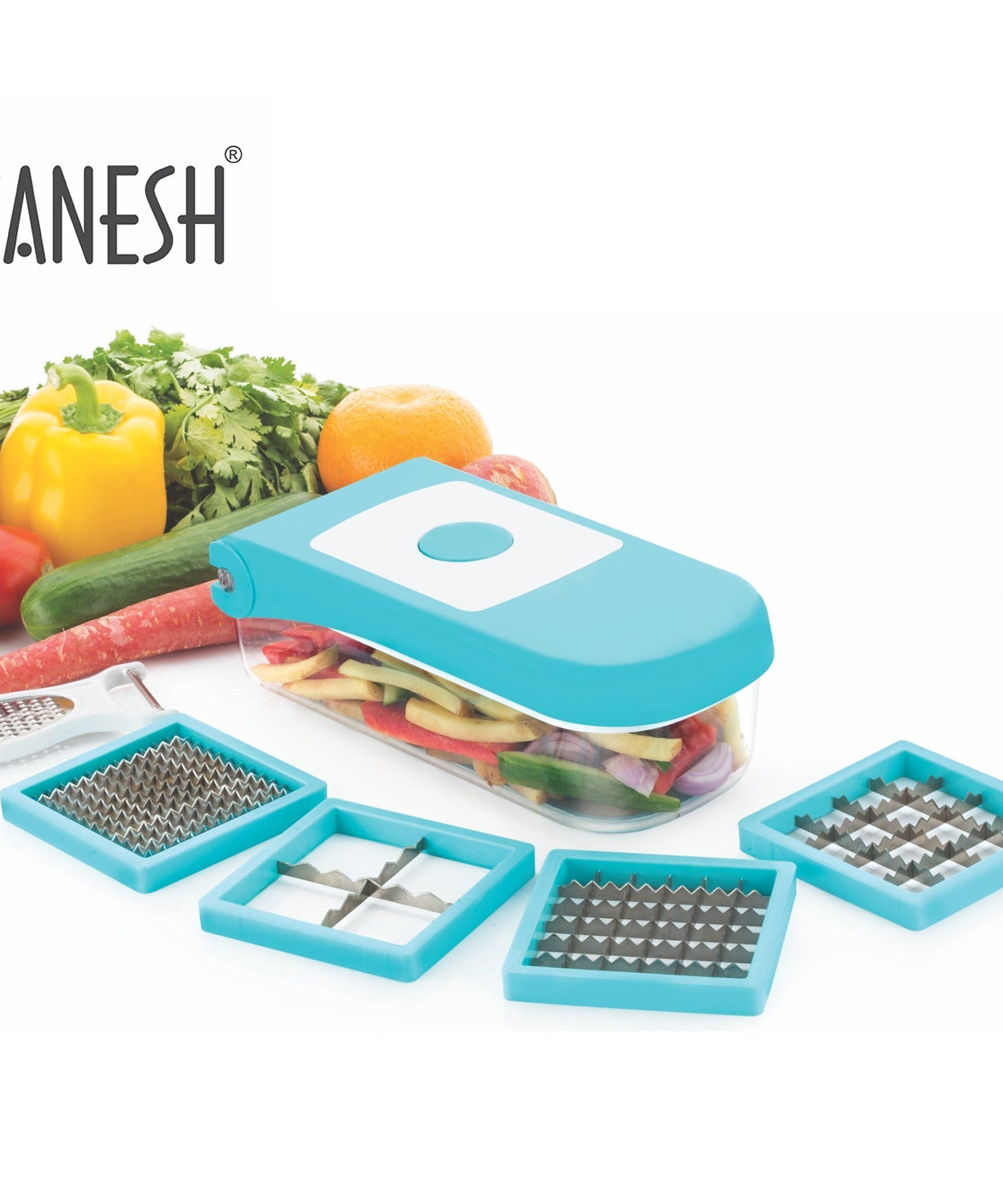 Blue plastic vegetable dicer by Ganesh, 7-in-1, shown from multiple angles.
