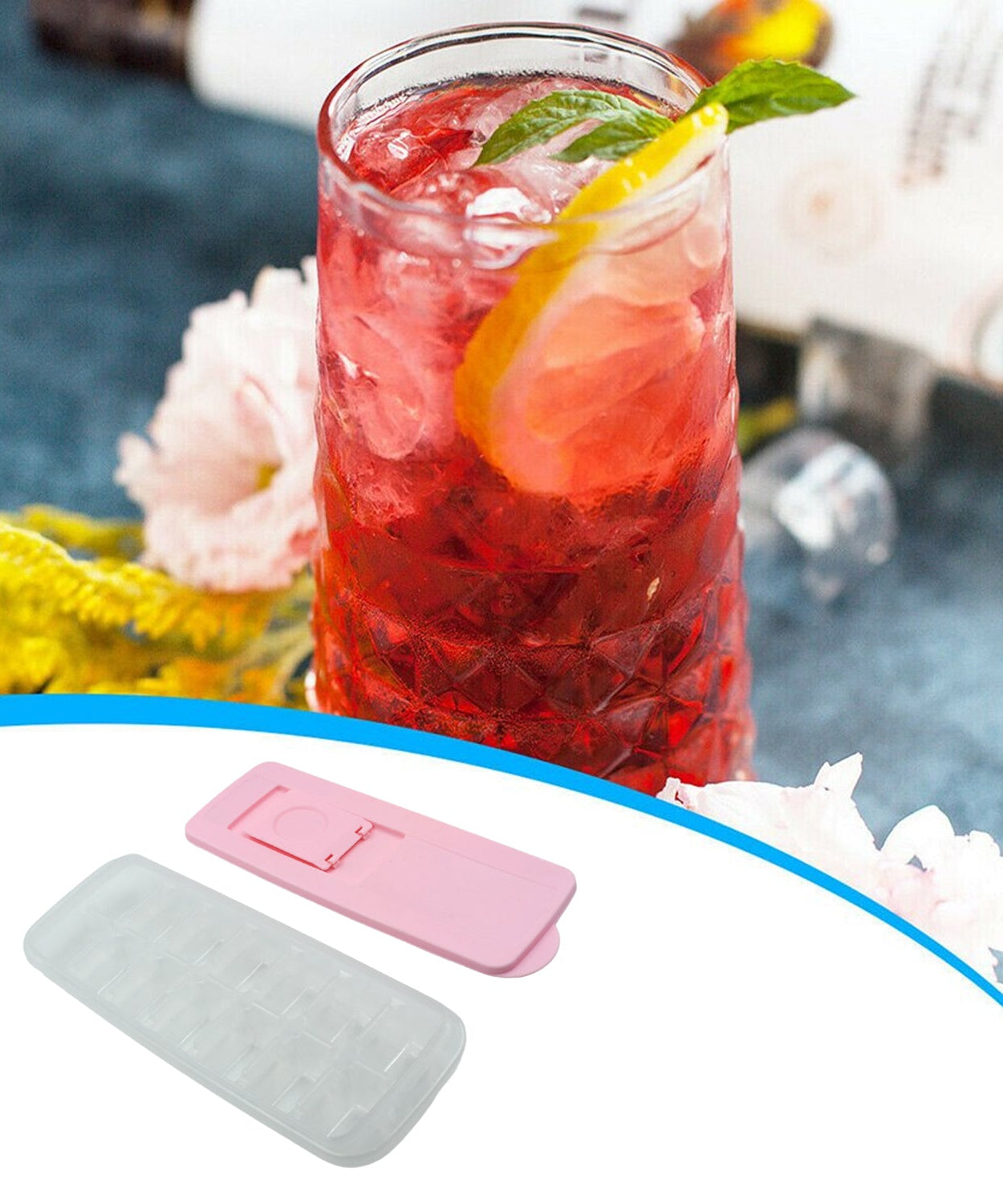 Silicone ice cube tray with easy-release feature, makes 14 cubes, stackable and safe for dishwasher.