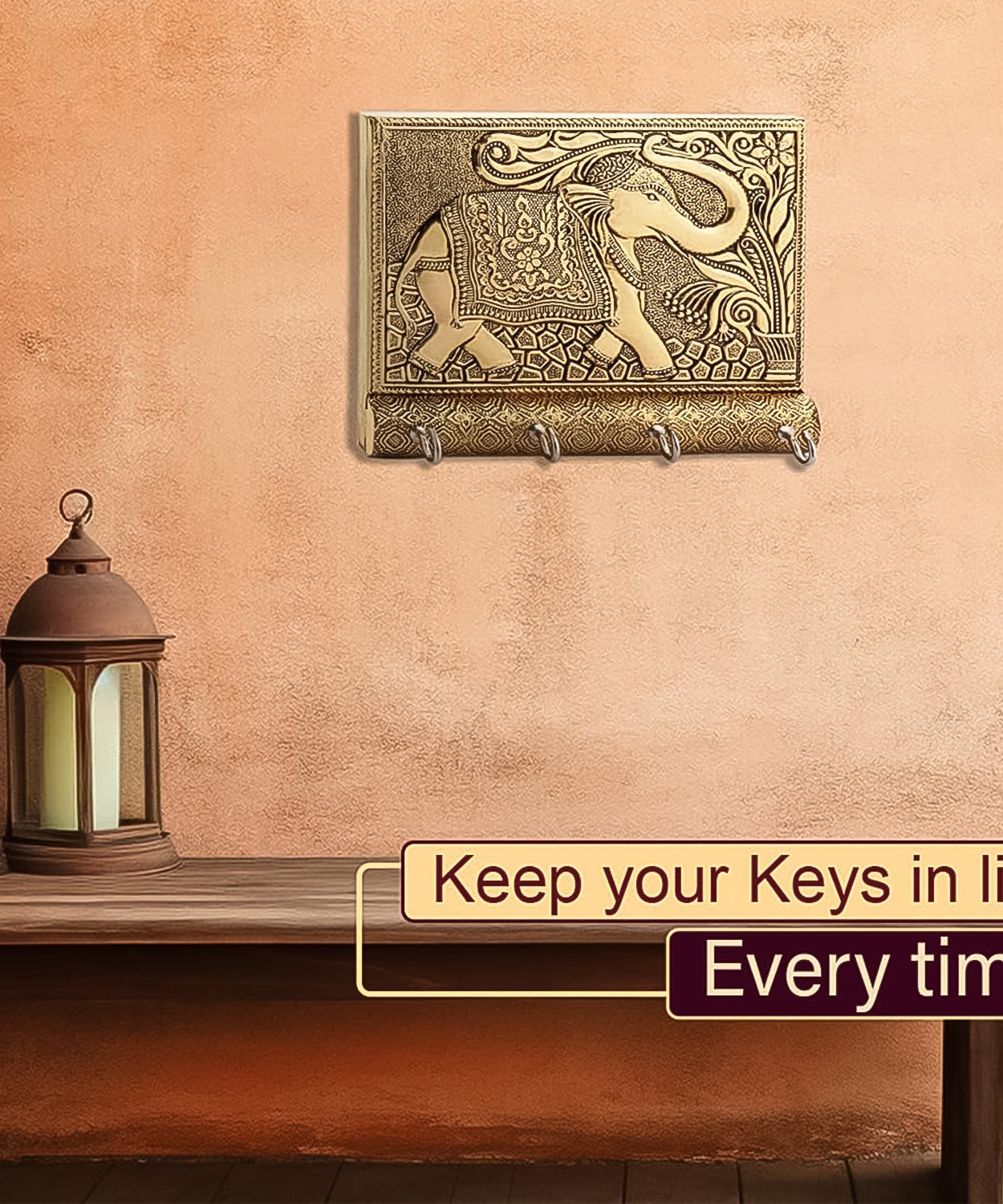 Wooden Key Holder for Home Decor Stylish Metal Gold Antique Elephant Design (1 Pc)