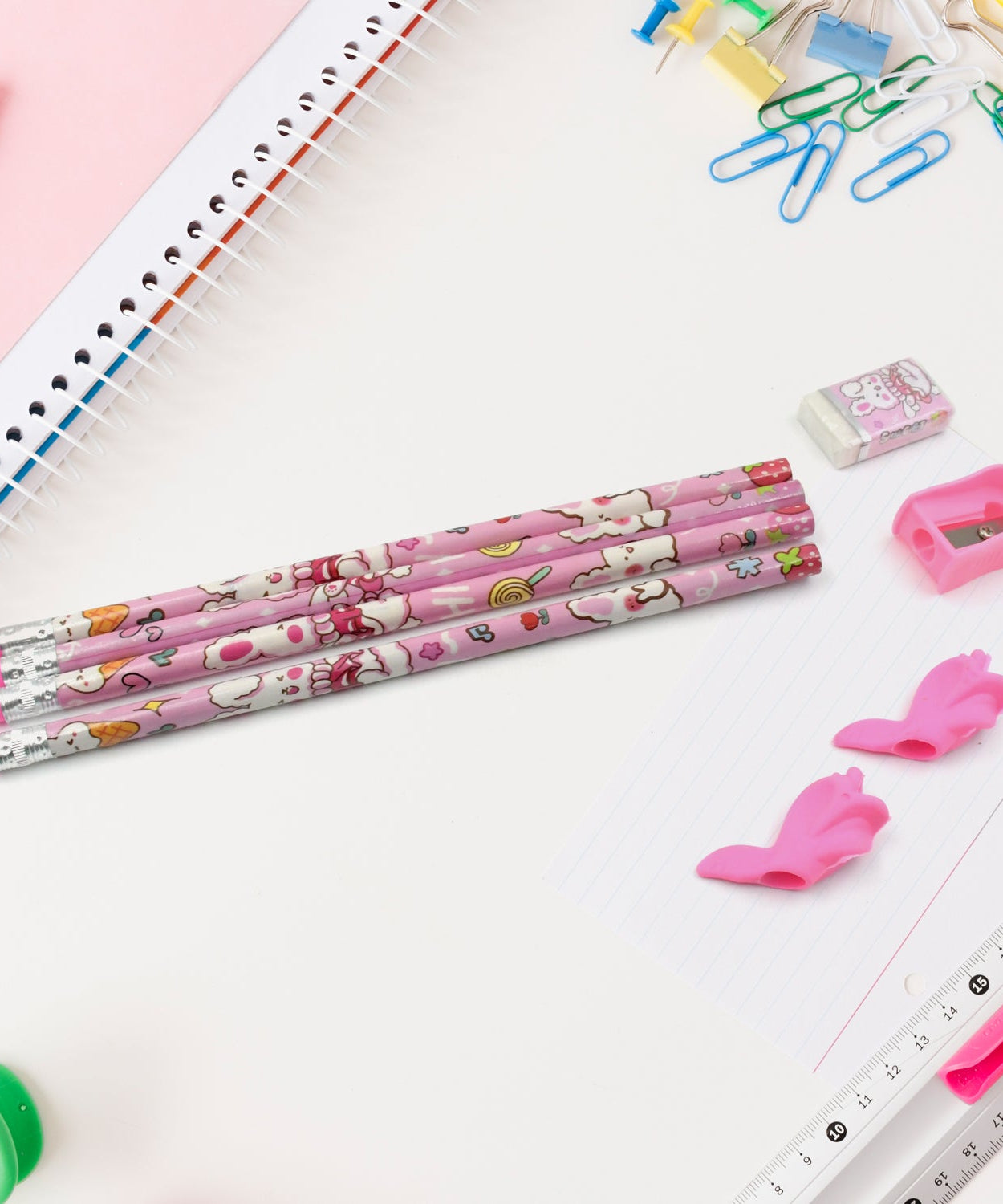 Kids' erasers and sharpener with stationery set.