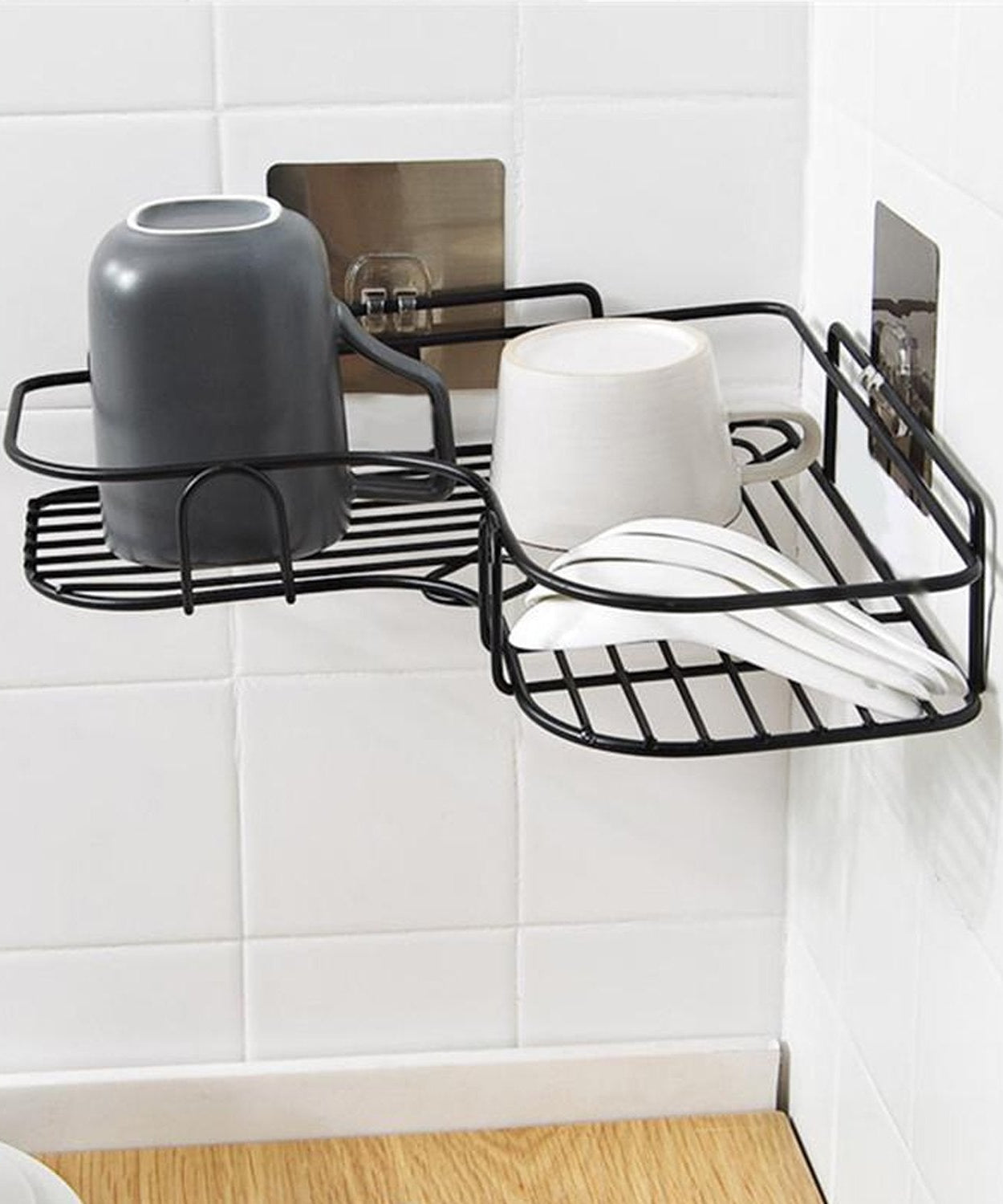 Kitchen corner shelf with adhesive