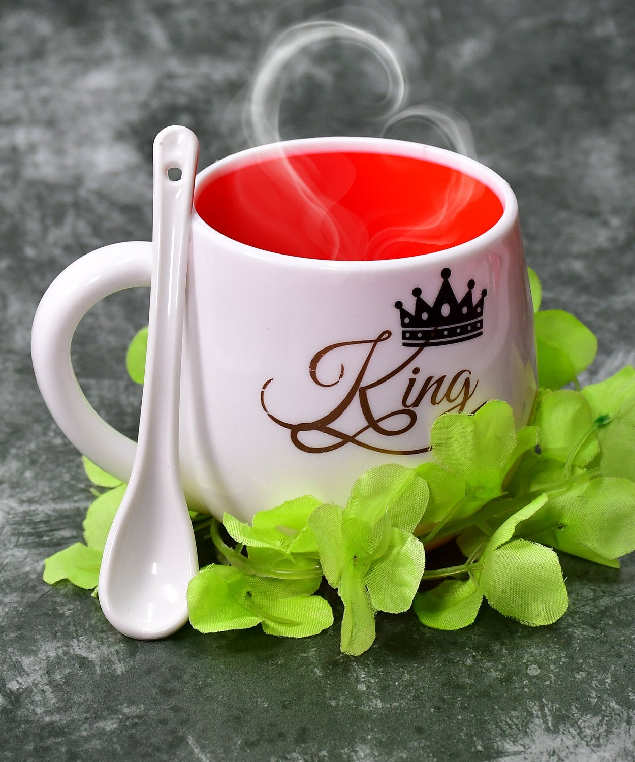 Multi-design tea mug with spoon, ceramic, microwave safe