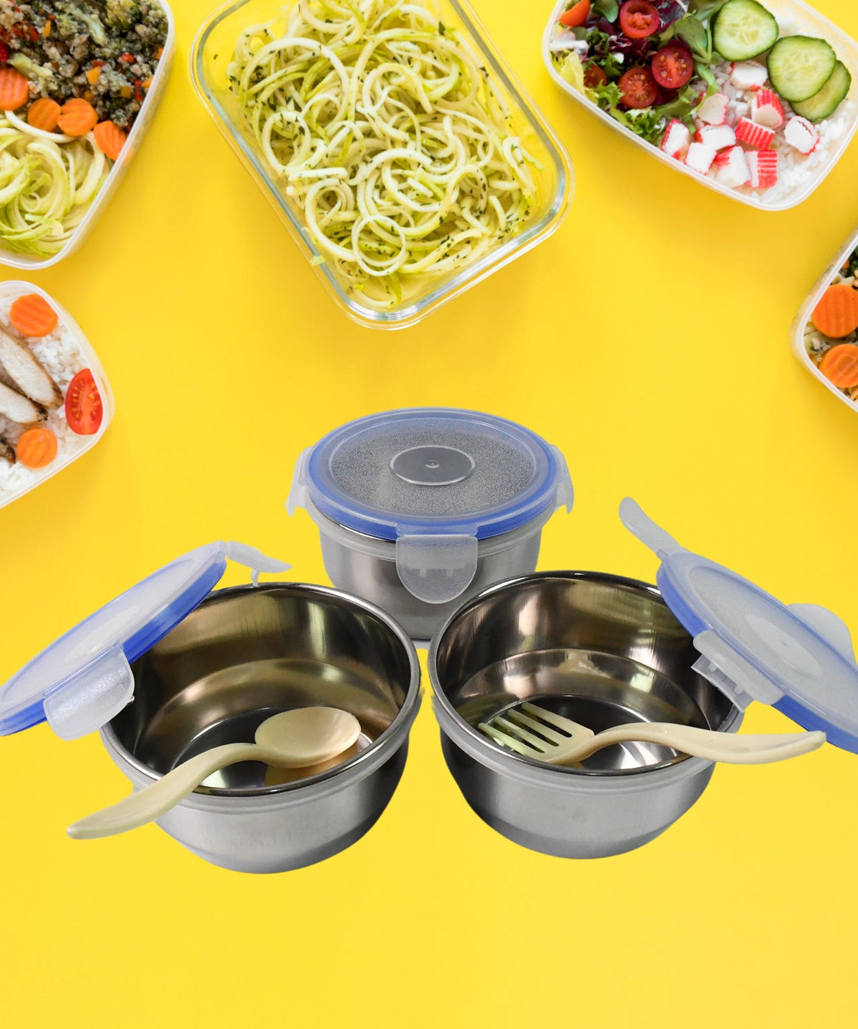 Compact Stainless Steel Airtight Lunch Box Set - 4 pcs (3 Leakproof Containers and 1 Bottle)