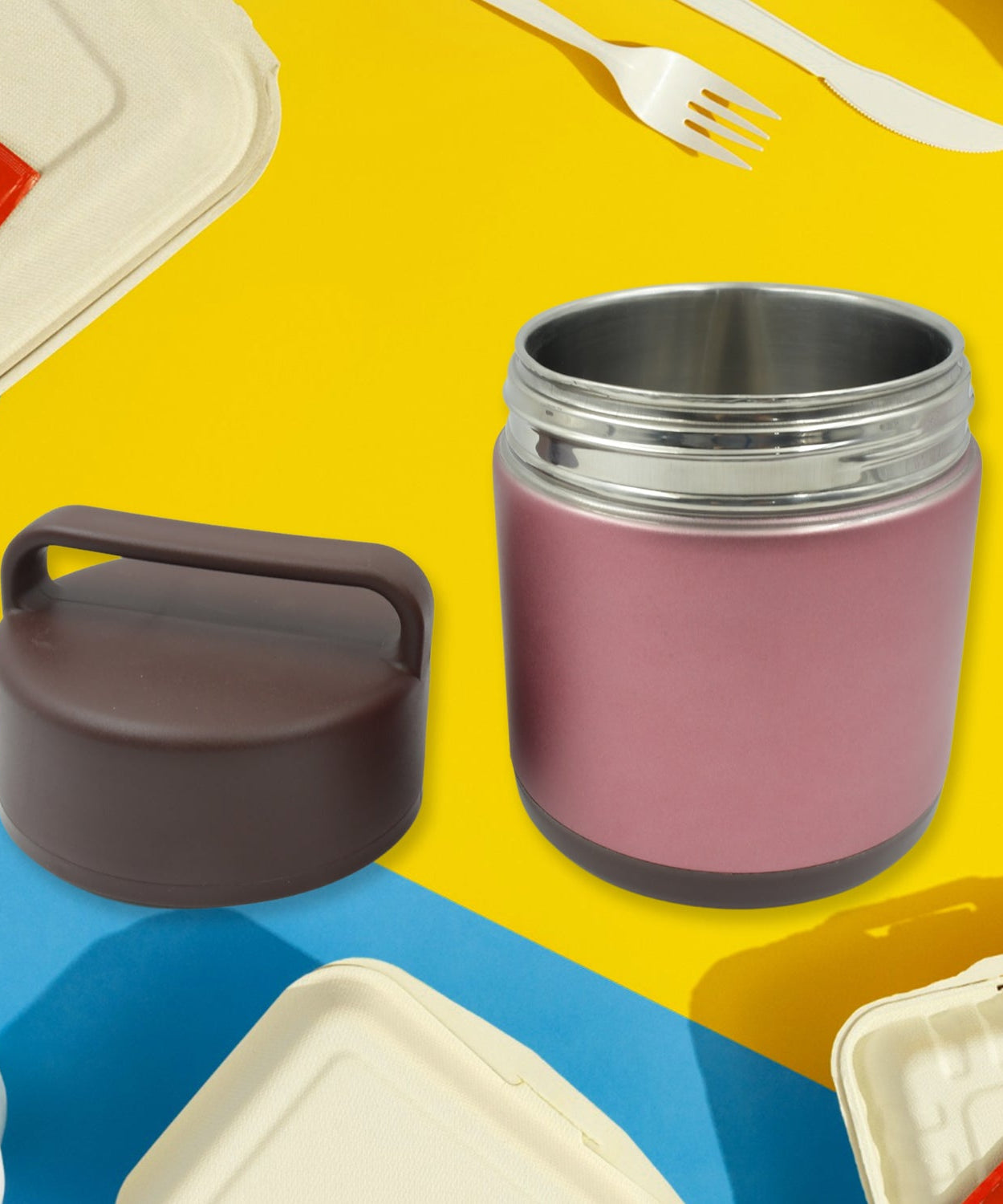 Vacuum insulated lunch box, 304 stainless steel, used for lunch storage, double-layer travel hiking picnic food jar, with folding spoon and handle BPA Free Thermos Lunch Box for Kids Adults (1600 ML)