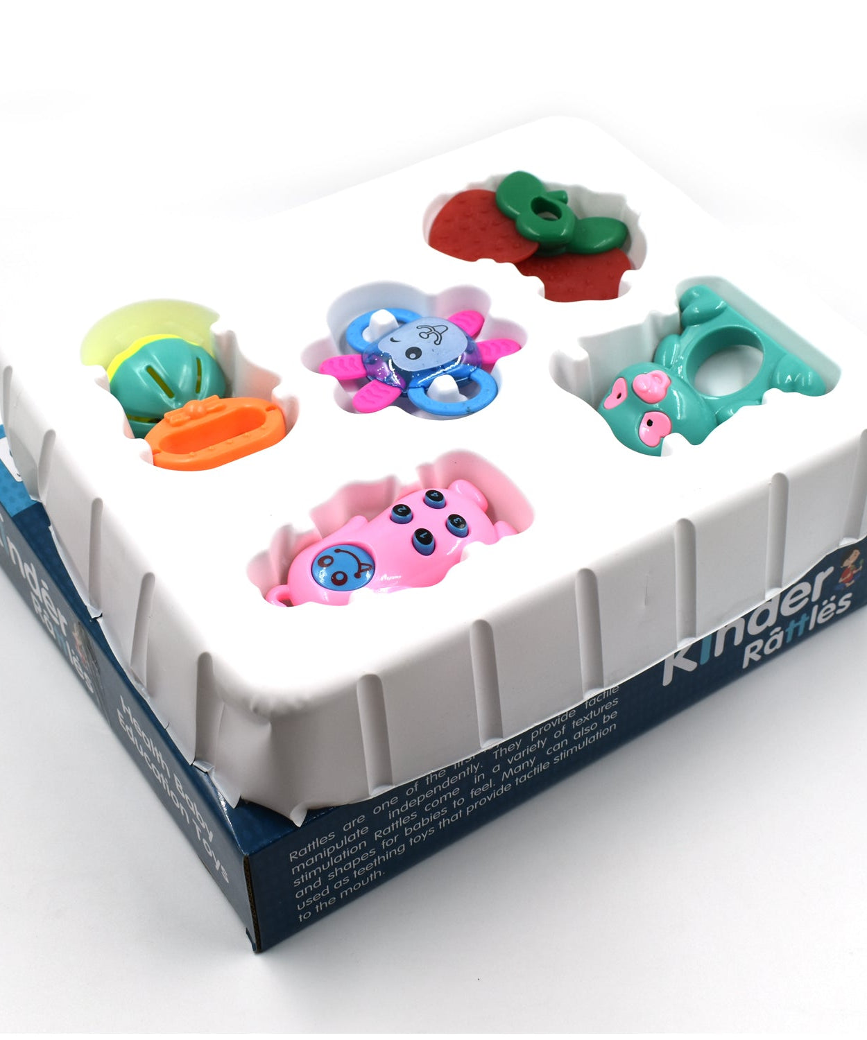 Baby rattle toy with bright colors and various textures for sensory play.