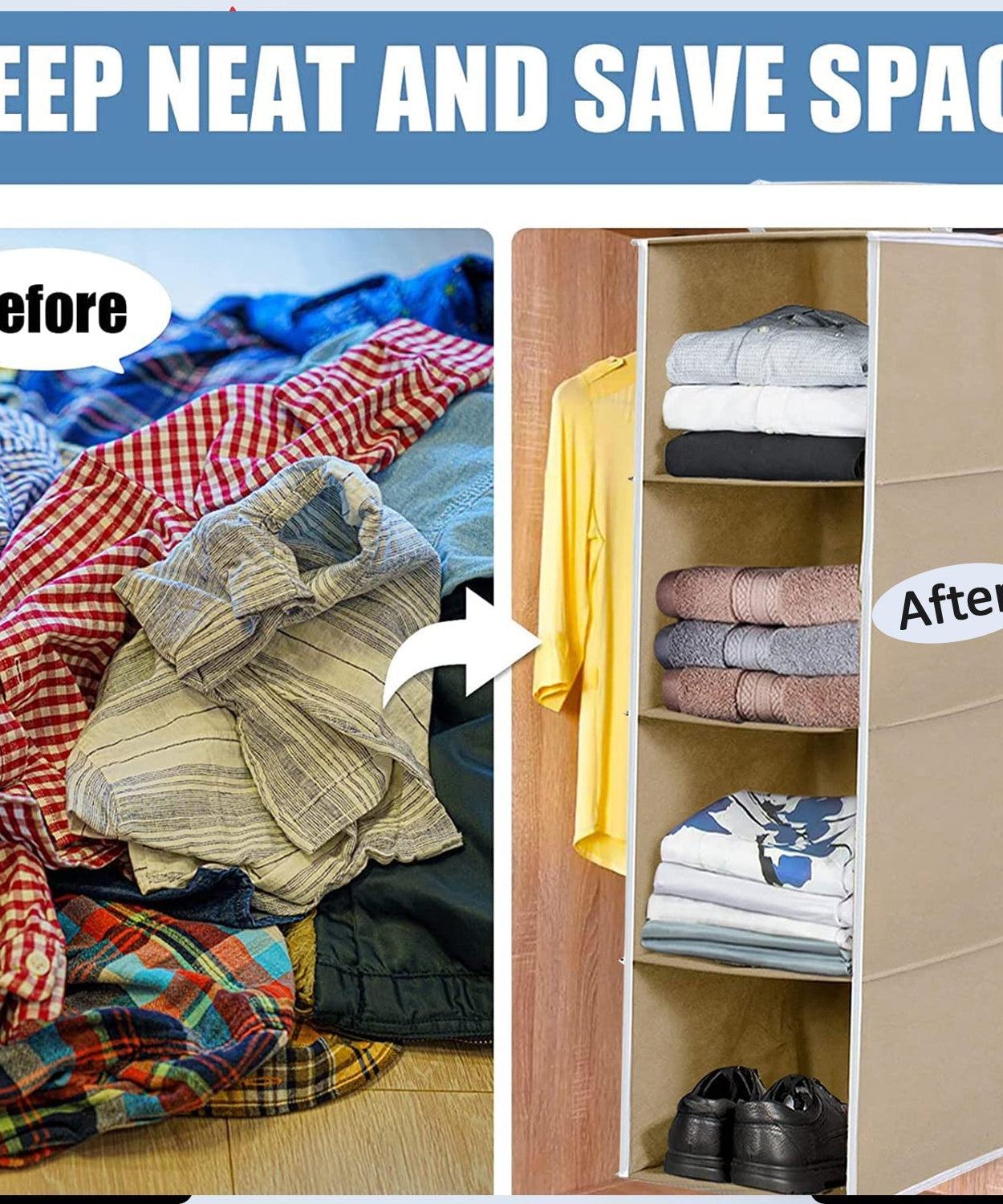 Closet organizer with 4 fabric shelves, hanging system