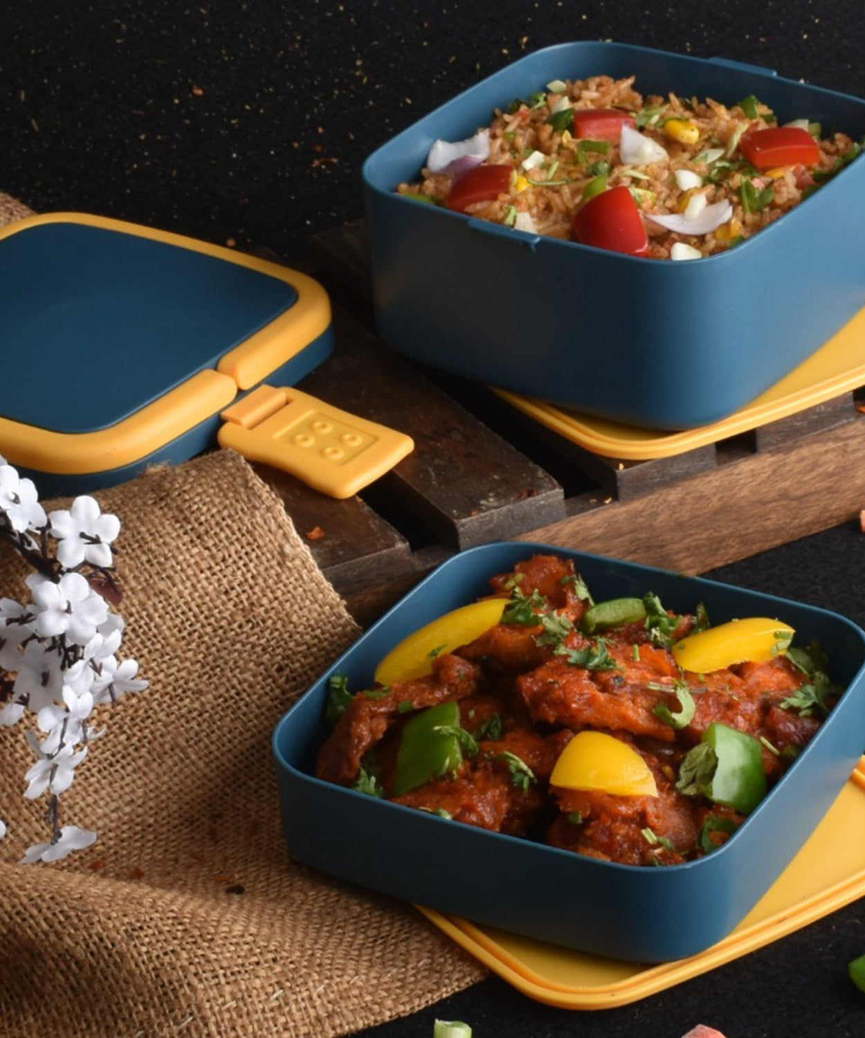 Blue stackable lunch box with handle