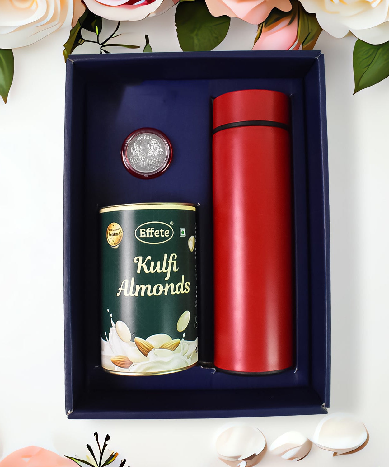 Personalized Temperature Water Bottle, Silver color Coin & Chocolate (With Attractive Peacock Box / 3 Pc Set)