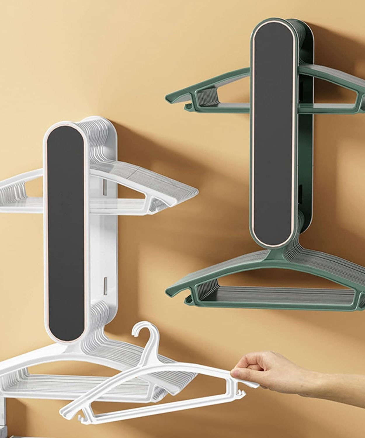 Laundry room hanger organizer with wall-mount feature.