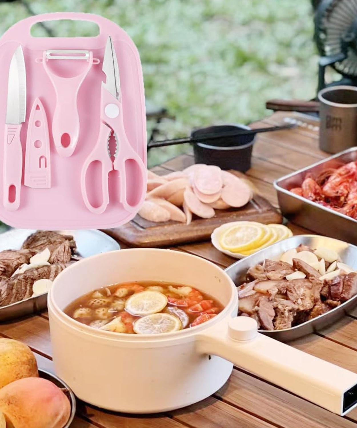 Mini travel cutting board set, 4 pcs, includes knives, peeler, and scissors