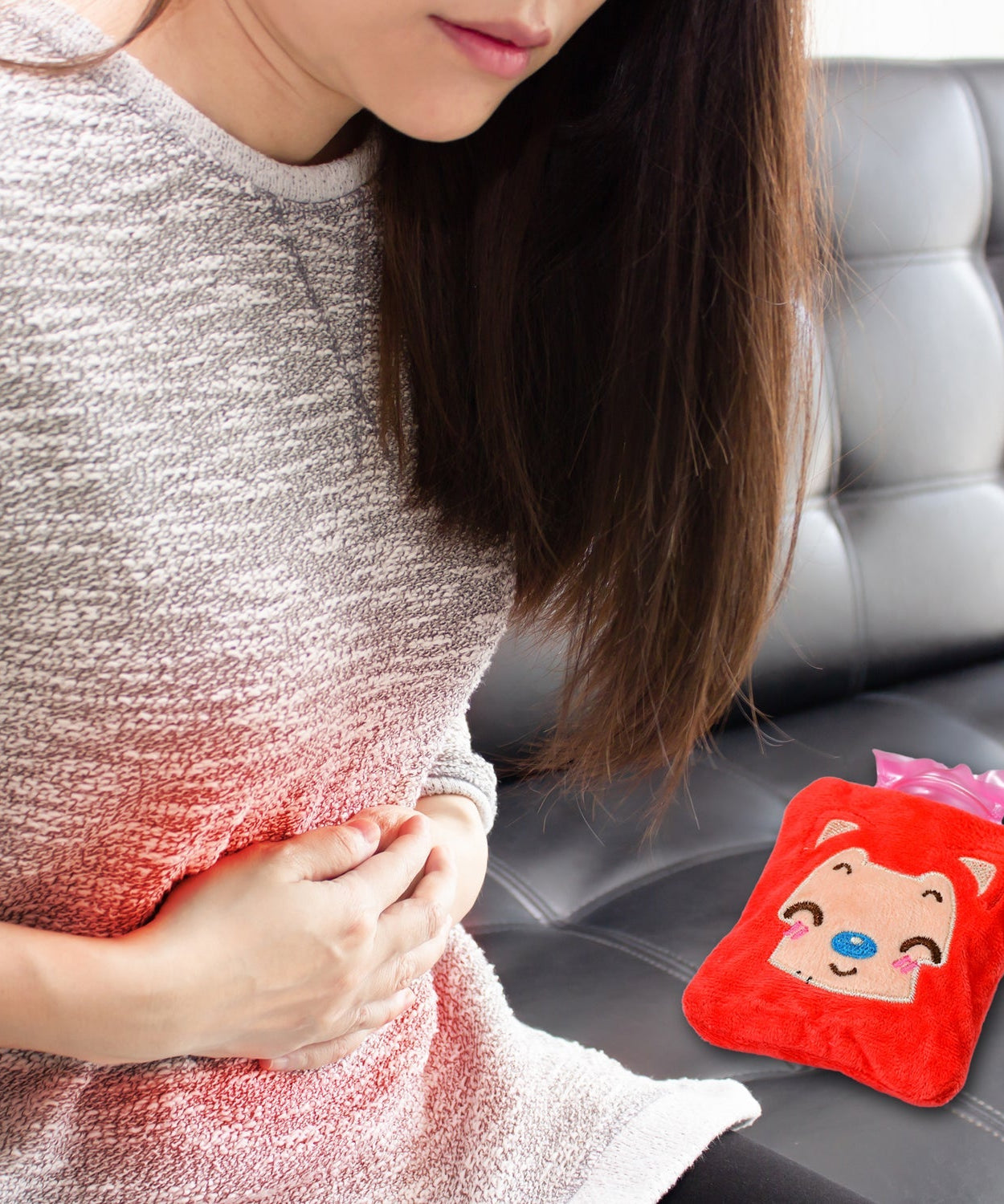 Pink cat hot water bag with cover for menstrual cramps and body warmth