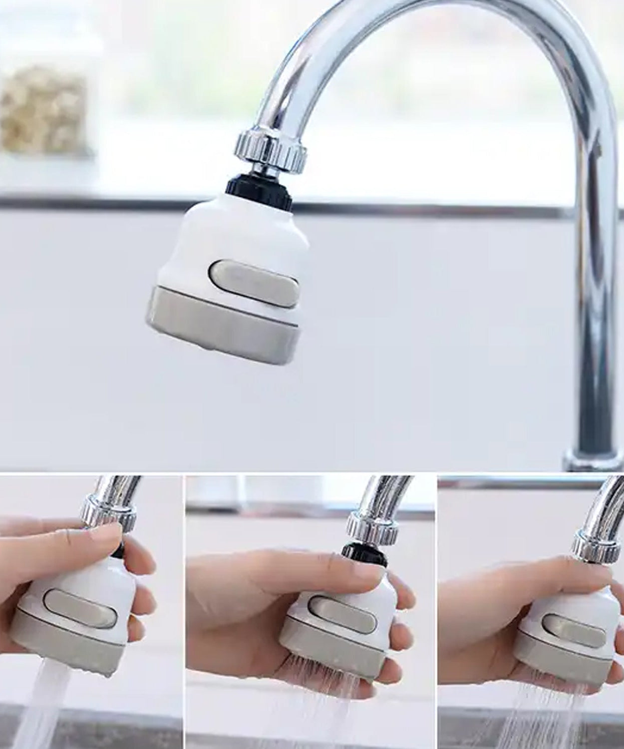 Close-up of water-saving sprinkler head with adjustable modes for kitchen or bathroom use.