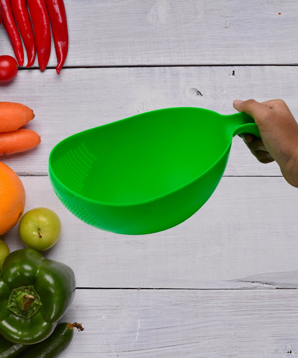 Handle-equipped rice bowl with thick drain basket, perfect for kitchen use.