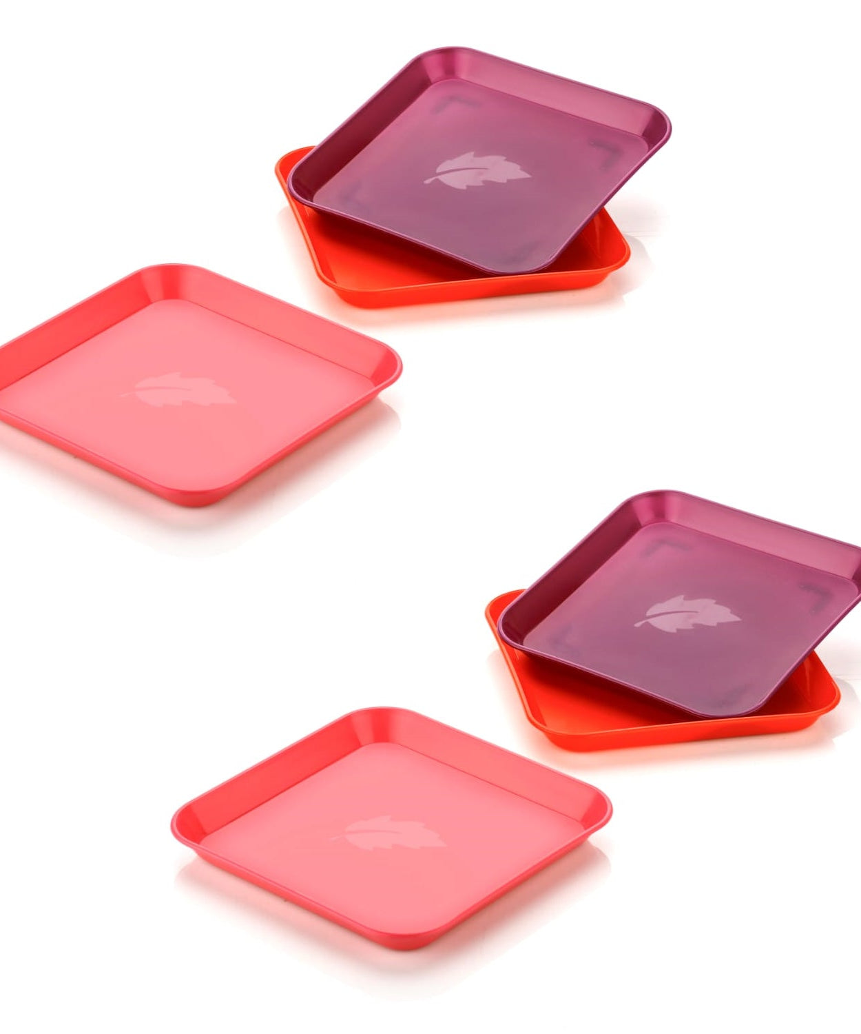Variety of colorful square plastic plates.