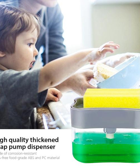 Soap dispenser with attached sponge holder.