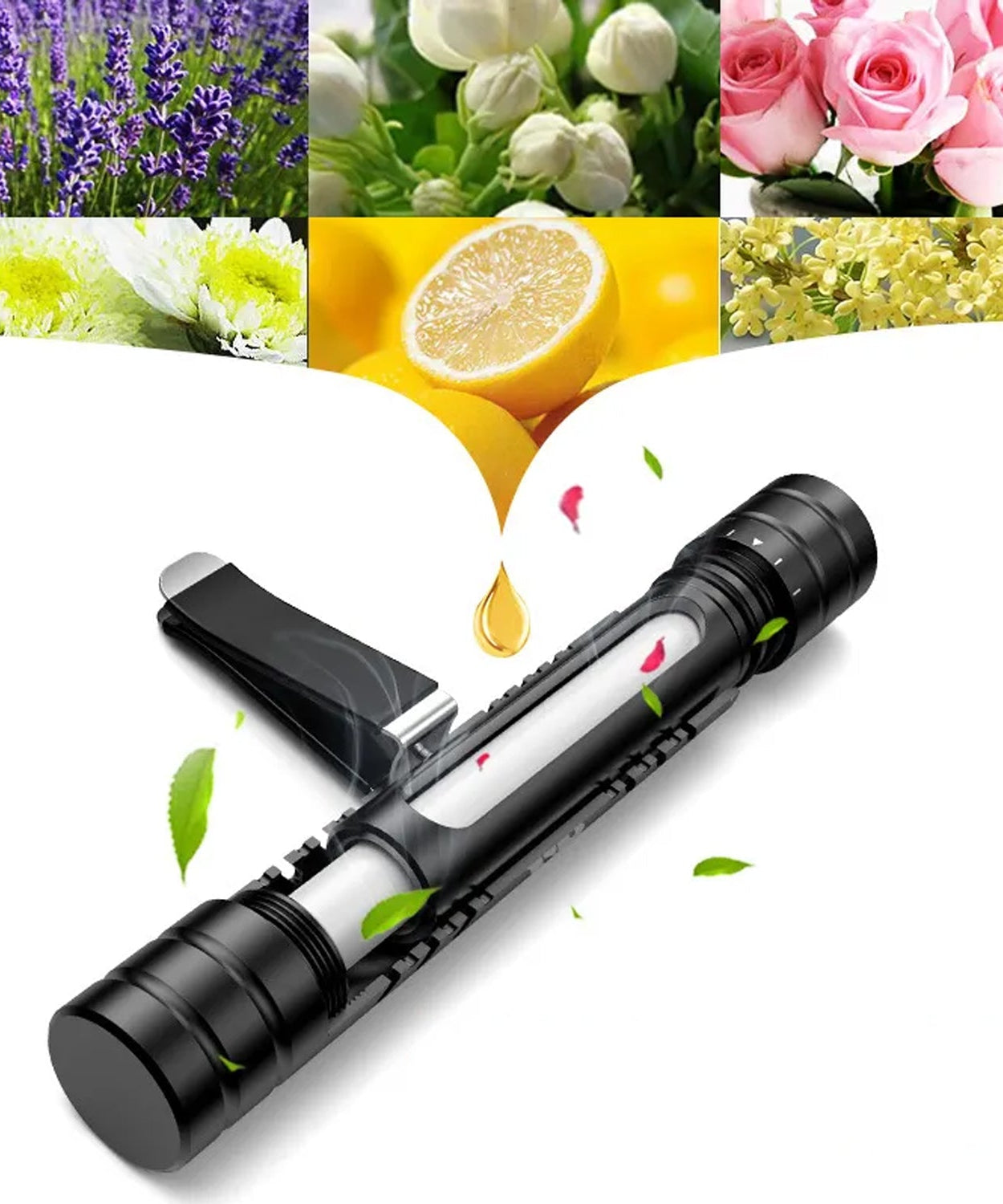 Car air perfume for AC vent, magnetic, rotating flow control, available in ocean, lavender, cologne, and lemon scents.