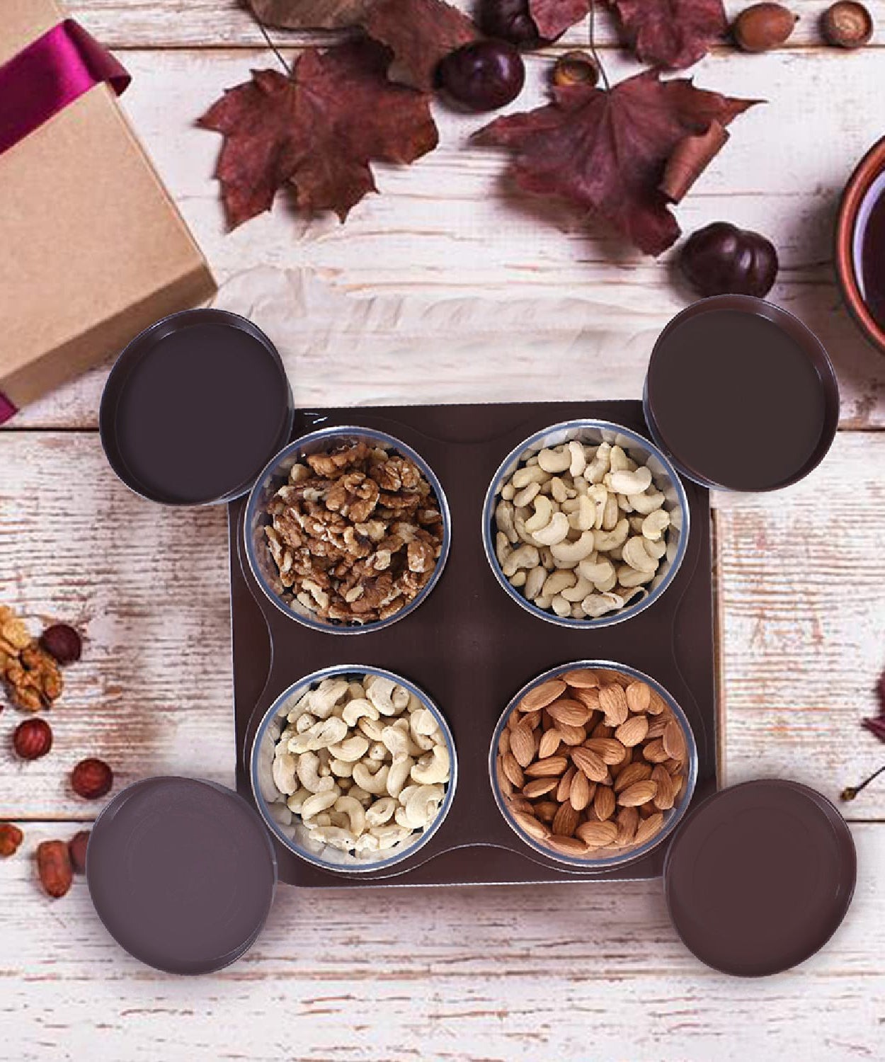 Airtight Plastic 4 Pc Storage Container Set, With Tray Dry Fruit Plastic Storage Container Tray Set With Lid & Serving Tray For Kitchen