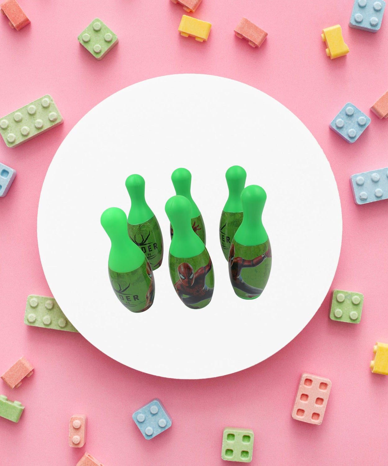 Bowling pins and ball arranged for children's game