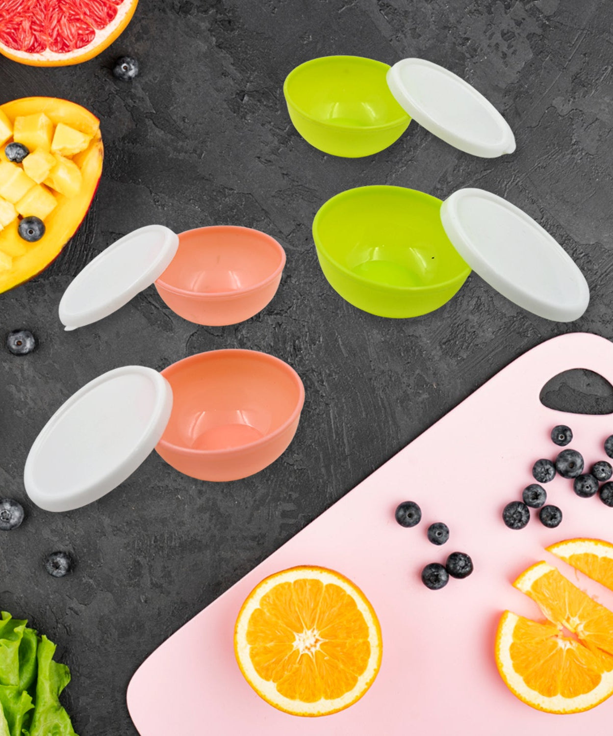 Multipurpose Small Round Plastic Bowl / Katori With Lid, Microwave Safe Reusable Lightweight Bowl, Dishwasher Safe Chutney Bowl (4 Pcs Set)