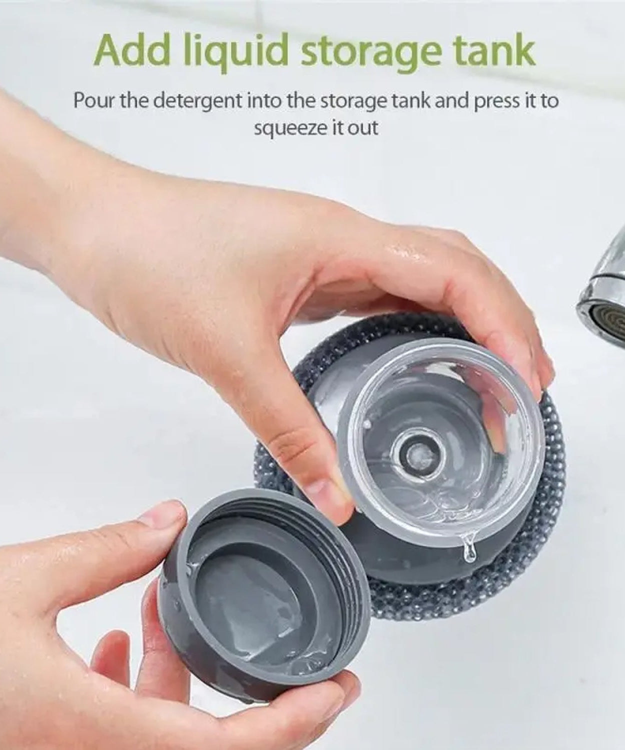 Compact dish brush with soap dispenser, ideal for quick kitchen clean-ups