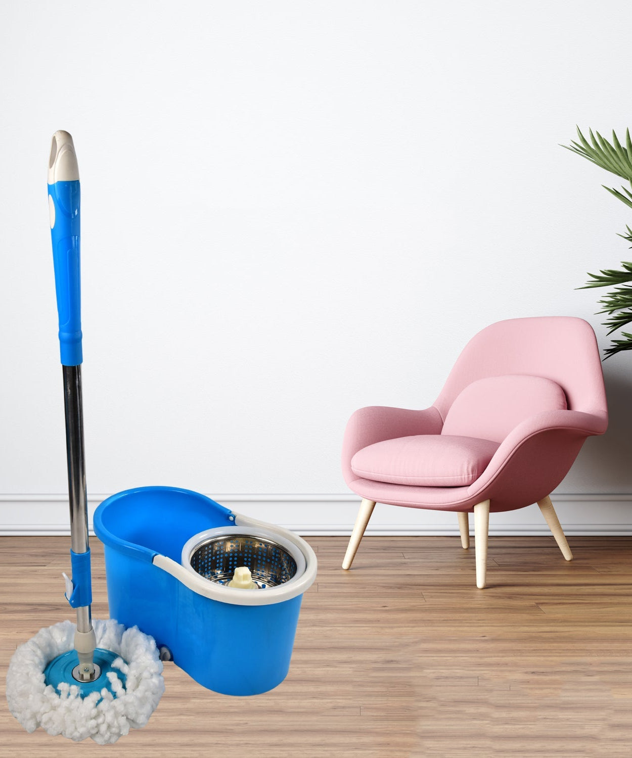Floor cleaning mop with steel pole and spinning action.
