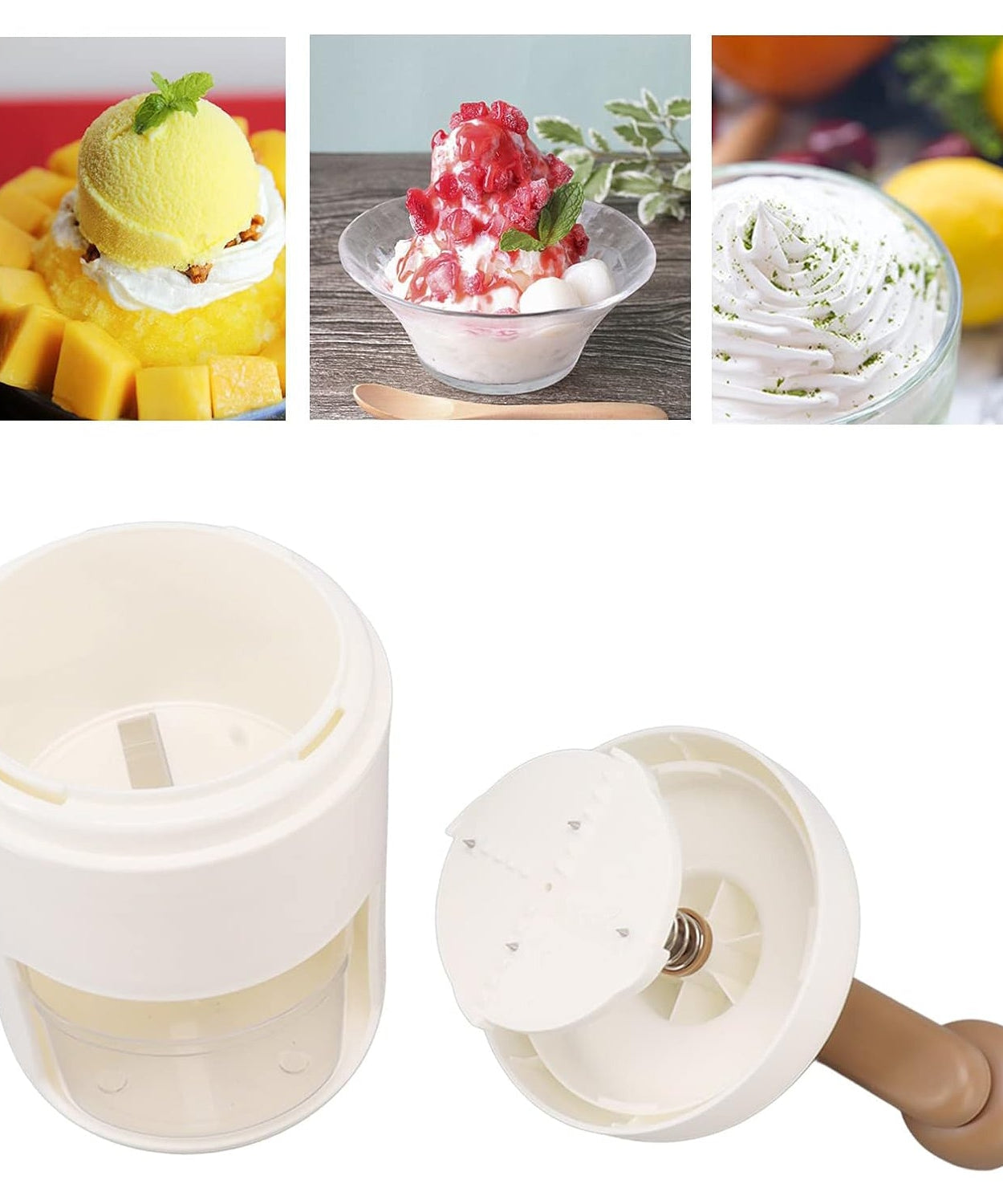 Portable ice crusher for making shaved ice and smoothies.