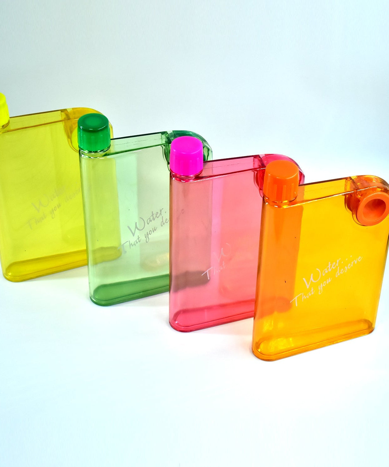 Slim and colorful water bottle shaped like a notebook.