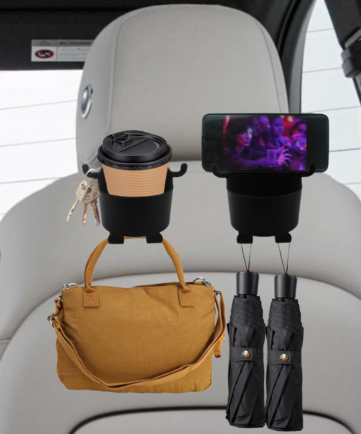 Car Headrest Backseat Organizer, 3 in 1 Automotive Cell Phone Drink cupholder Adapter with Headrest Hooks for Kids and Adults, Multifunctional Storage for Car Travel Accessories