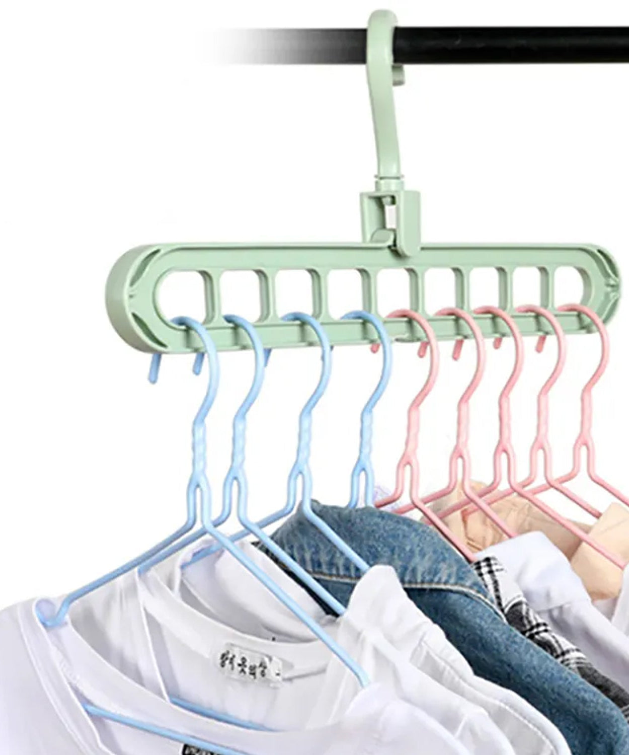 Plastic hanger hooks for wardrobe and clothes organization.