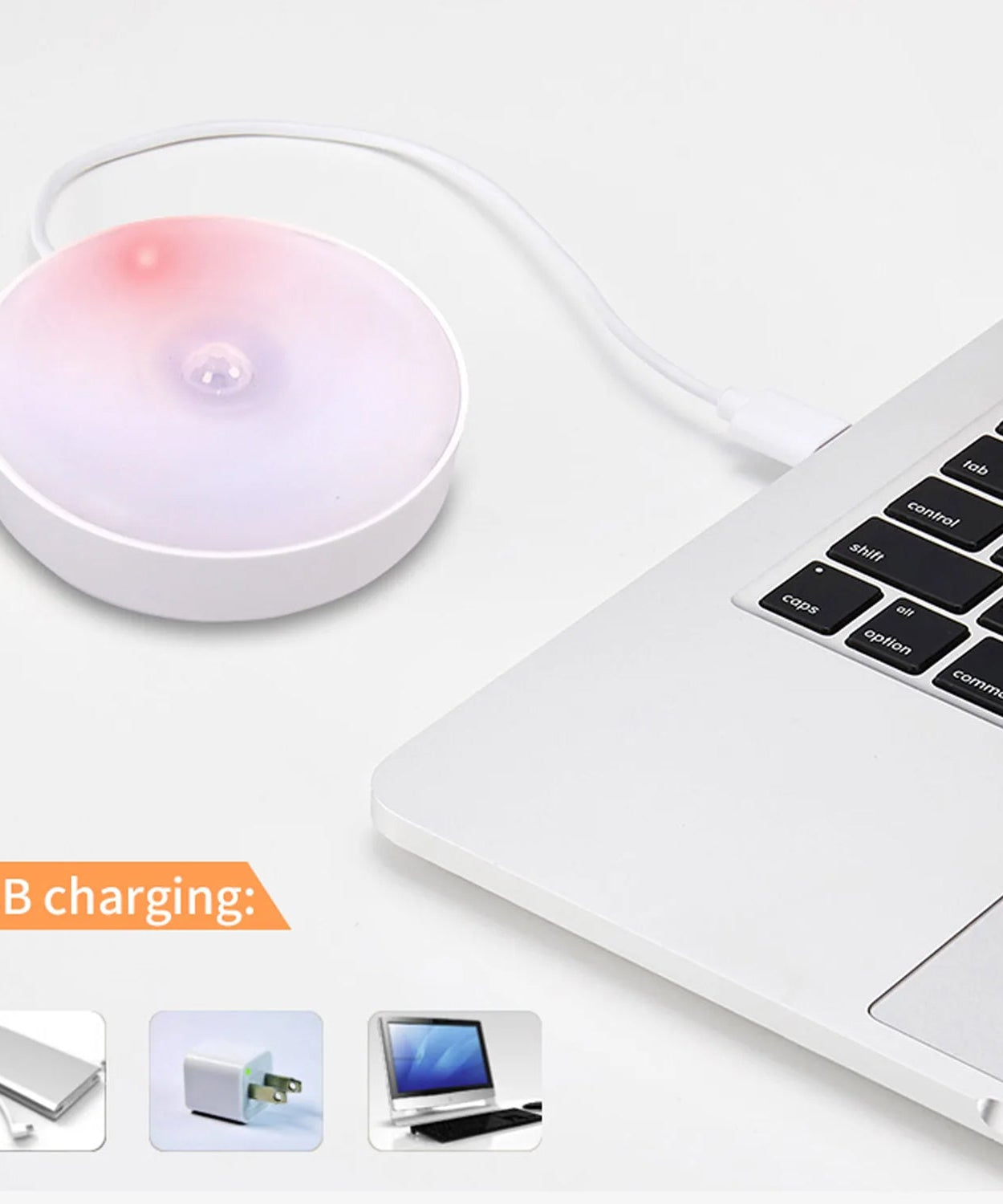 Round LED light, 8 LEDs, motion-activated for easy lighting.