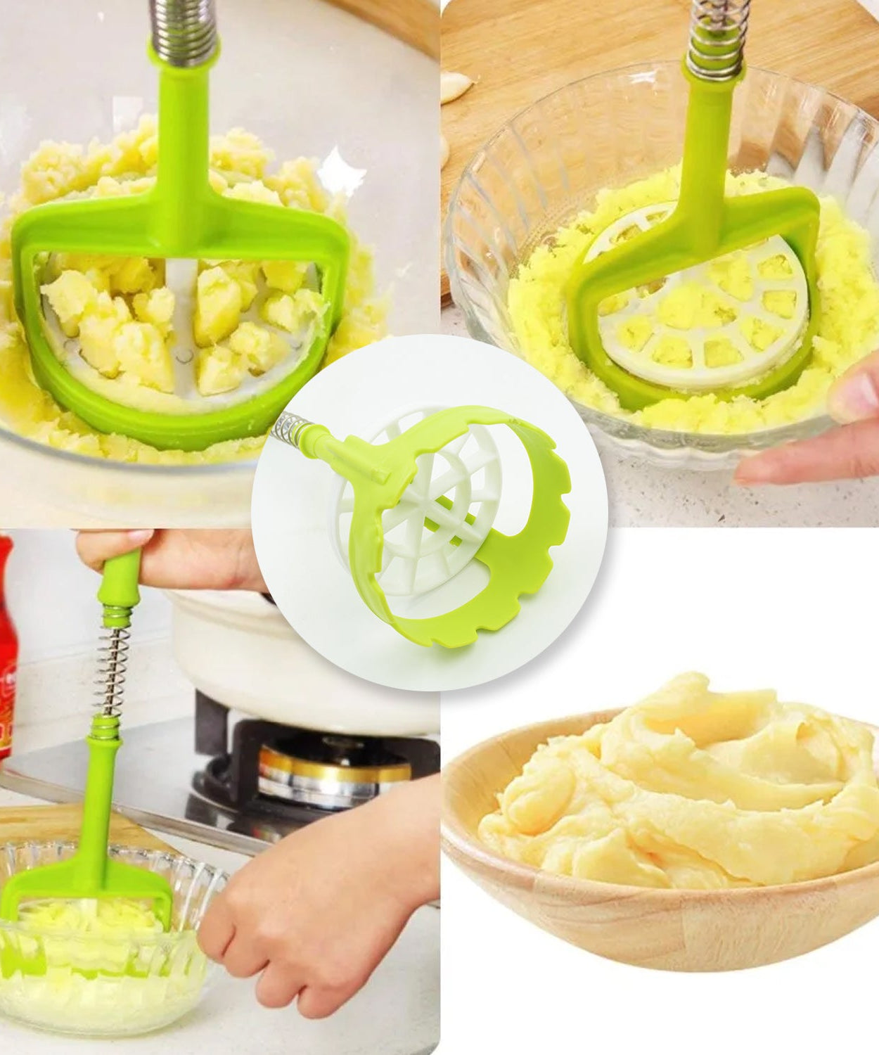 Multi Functional One-Handed Plastic Manual Mashed Potatoes Masher, Mash Sweet Potato Masher with Comfort Grip and Stainless-Steel Spring Design for Nonstick Pans (1 Pc)