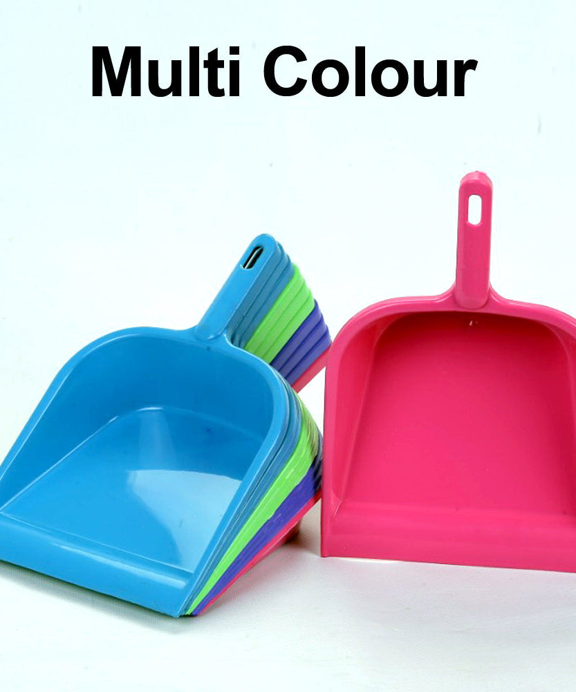 Multi-surface plastic dustpan with handle, lightweight and sturdy.