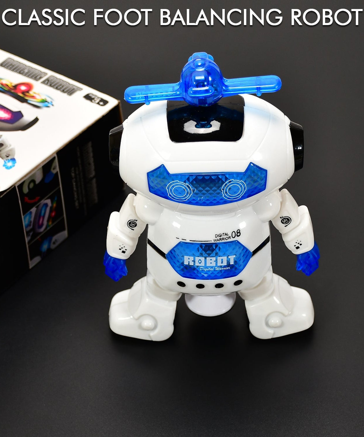 Robot toy with music and 3D light effects.