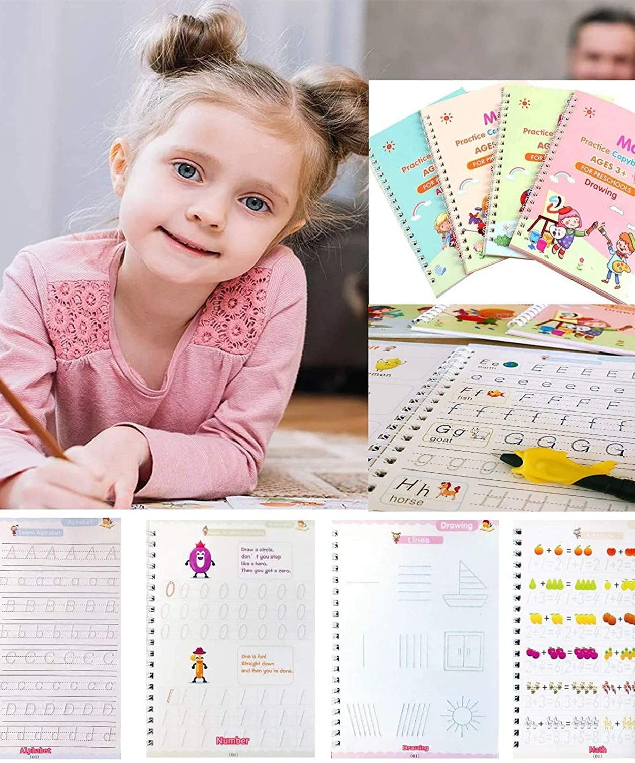 Set of 4 magic copybooks for education and practice