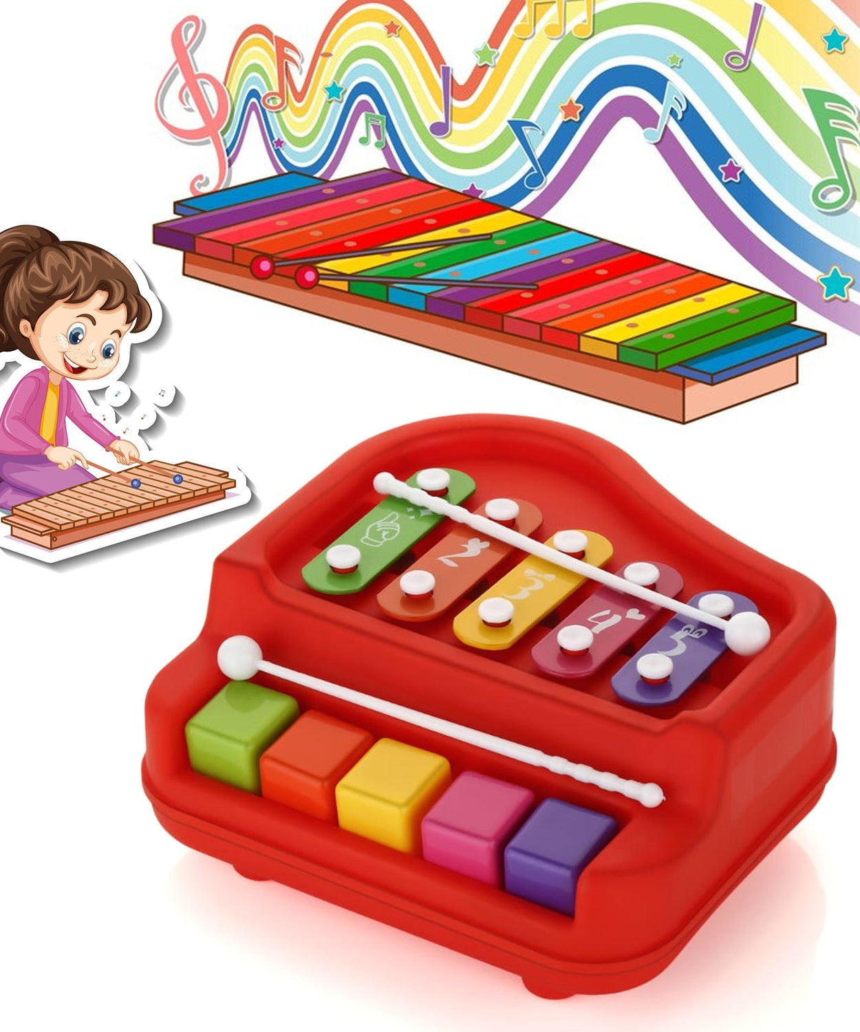 2 in 1 Baby Piano Xylophone Toy for Toddlers, 5 Multicolored Key Keyboard Xylophone Piano, Preschool Educational Musical Learning Instruments Toy for Baby Kids Girls Boys 3+ Years (1 Pc)