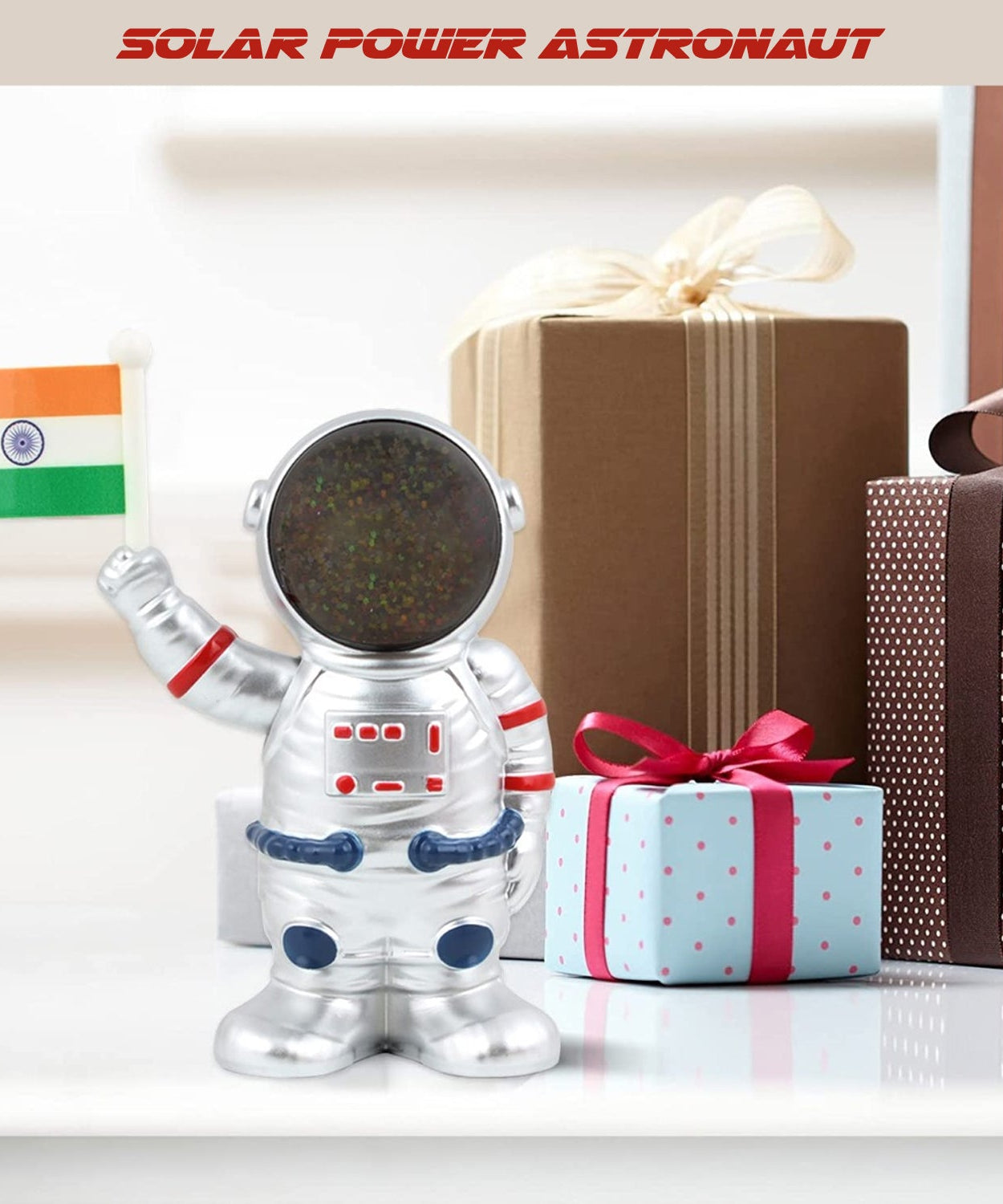 Solar Power Astronaut Ornament Moving Hand with Indian Flag 