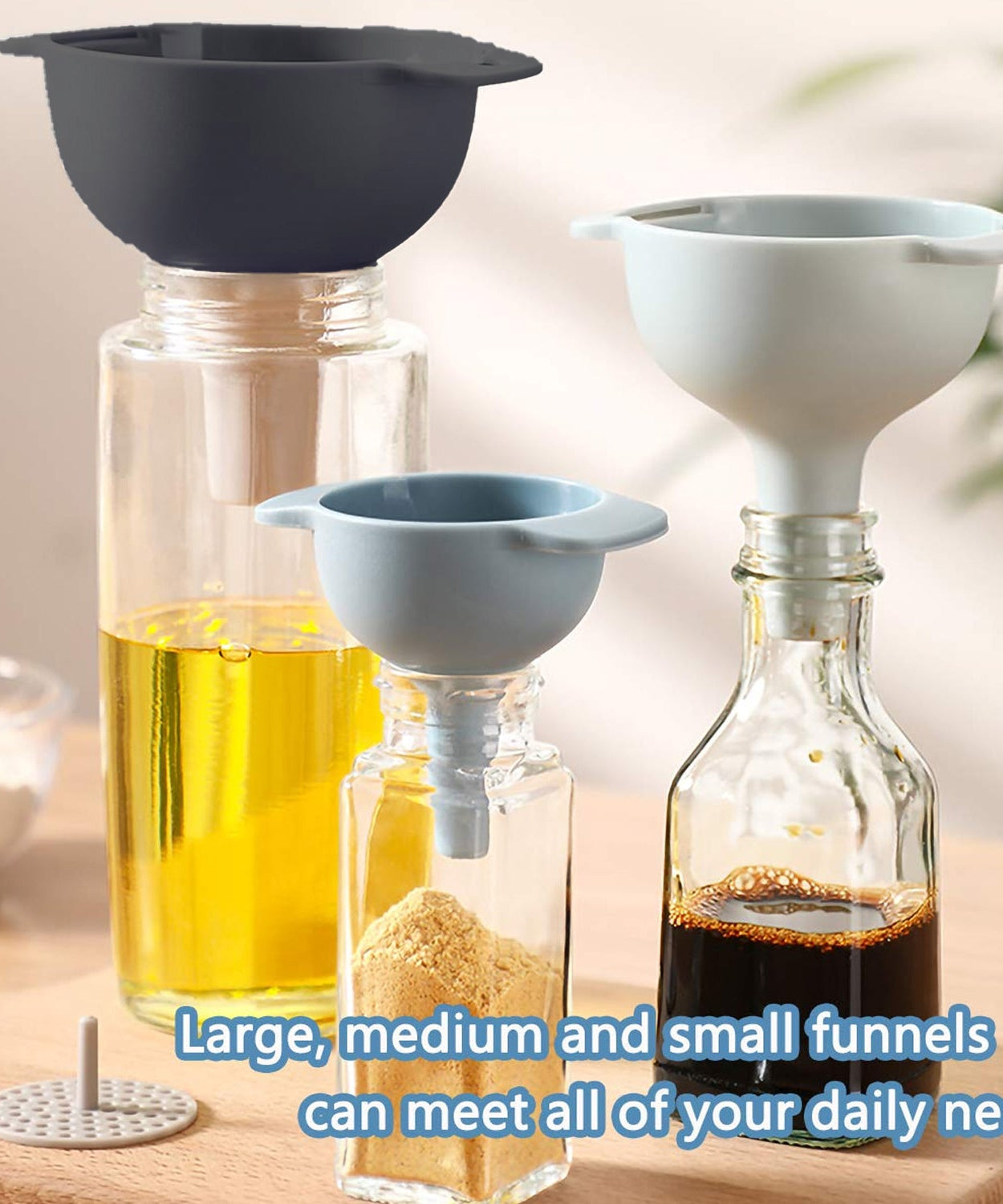 3 in 1 Kitchen Funnel Set of 3, Funnel for Filling Bottle, Small Canning Funnel with Handle, Food Grade Plastic Funnel with Detachable Strainer Filter for Liquid, Dry Ingredients, and Powder