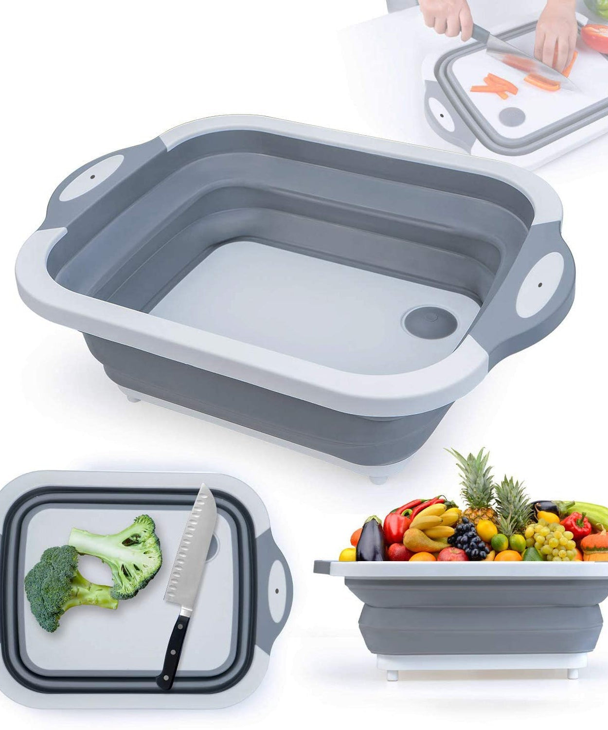 Kitchen cutting board with collapsible dish tub