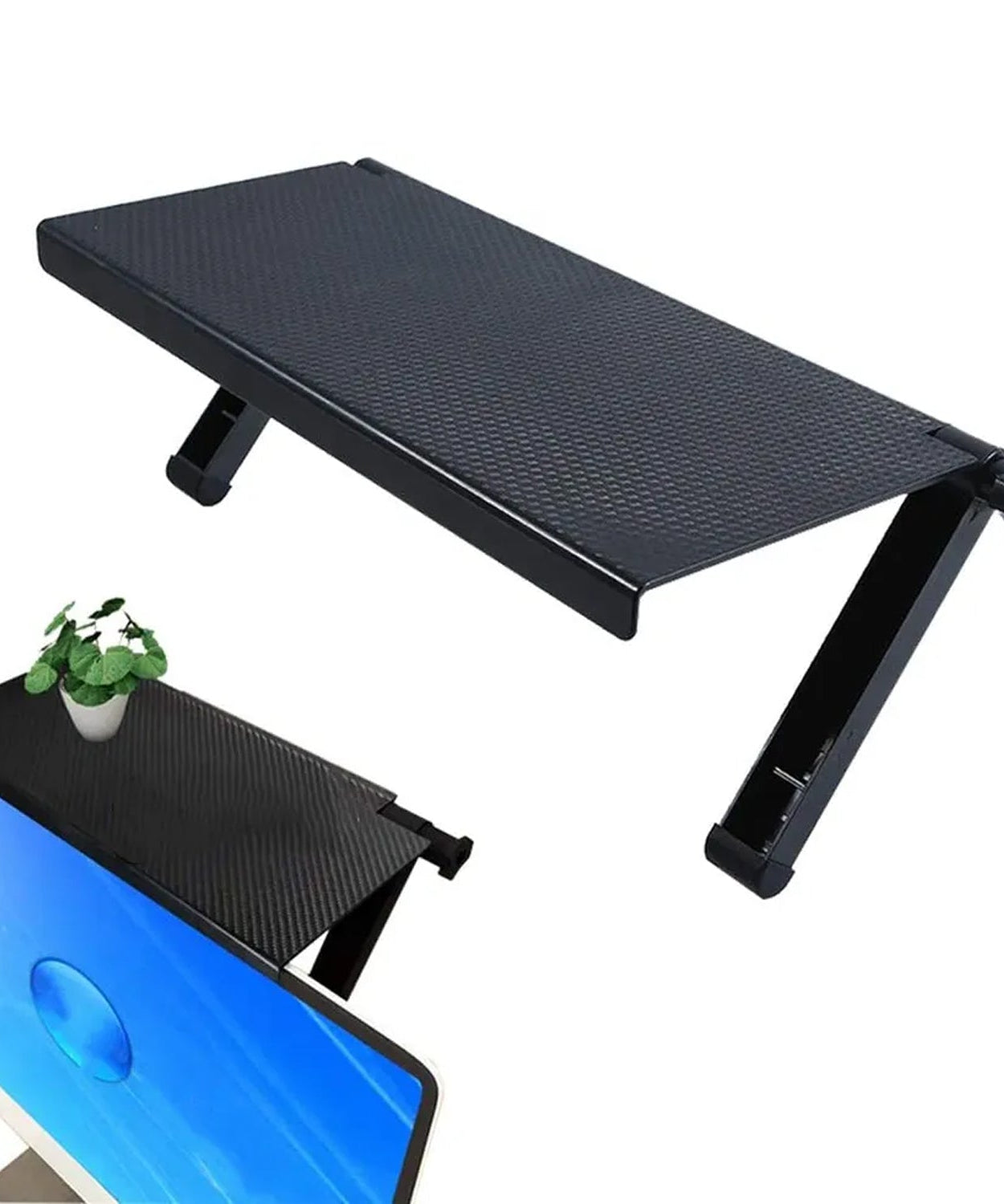 Adjustable TV top shelf for media devices and accessories.