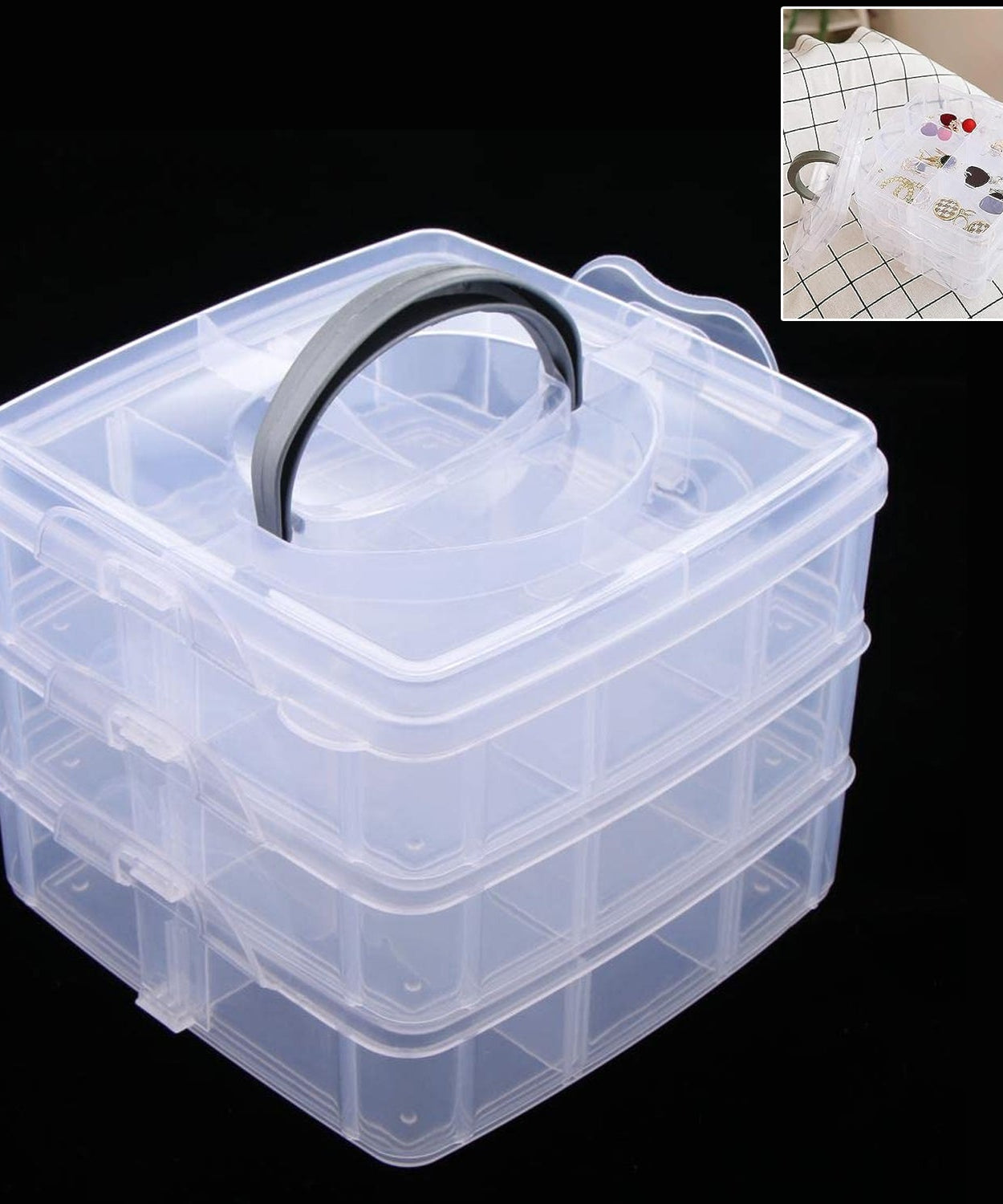 3-Tier 18 Sections Transparent Stackable Adjustable Compartment Slot Plastic Craft Storage Box