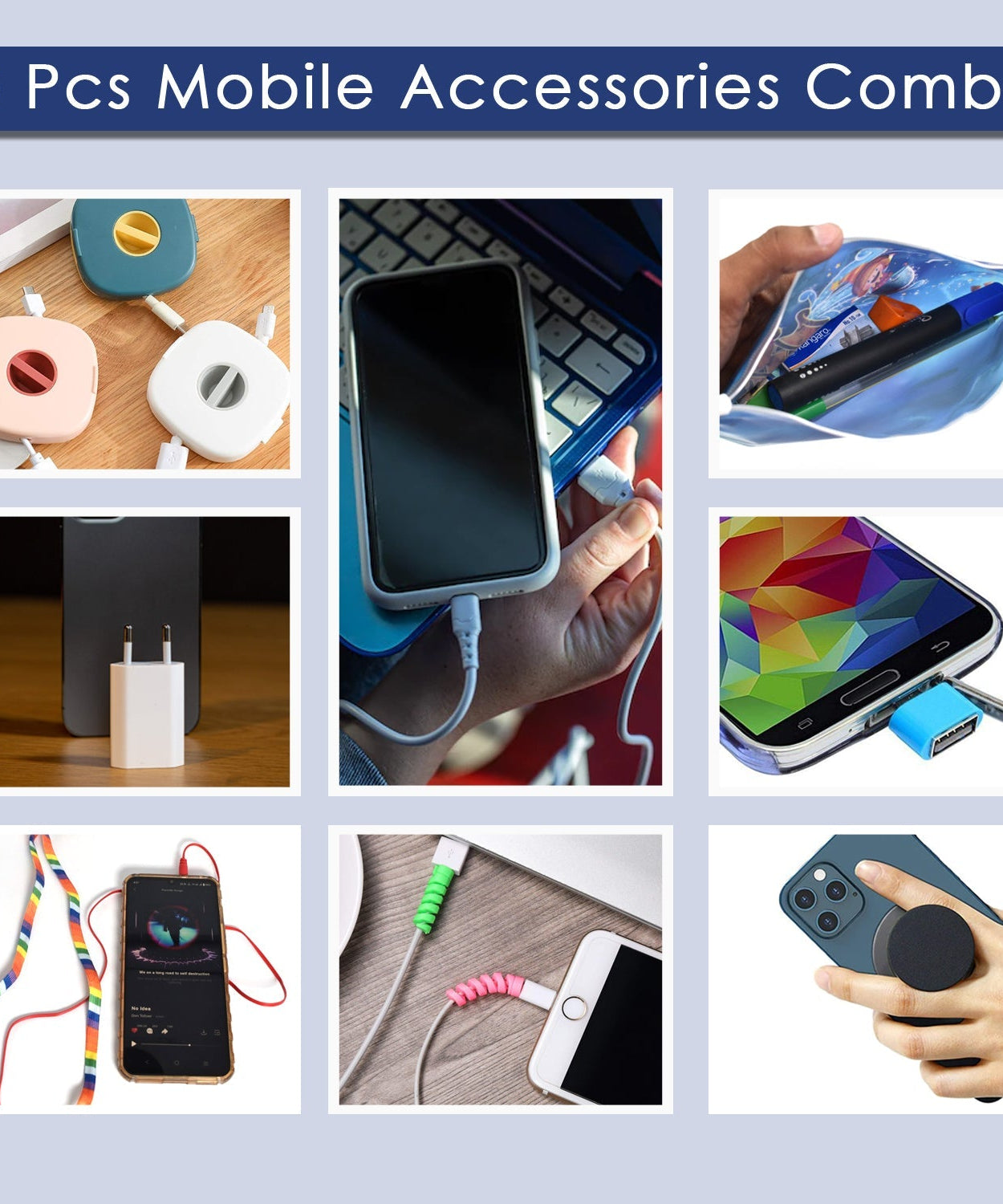 Mobile accessory set in a zippered pouch bag