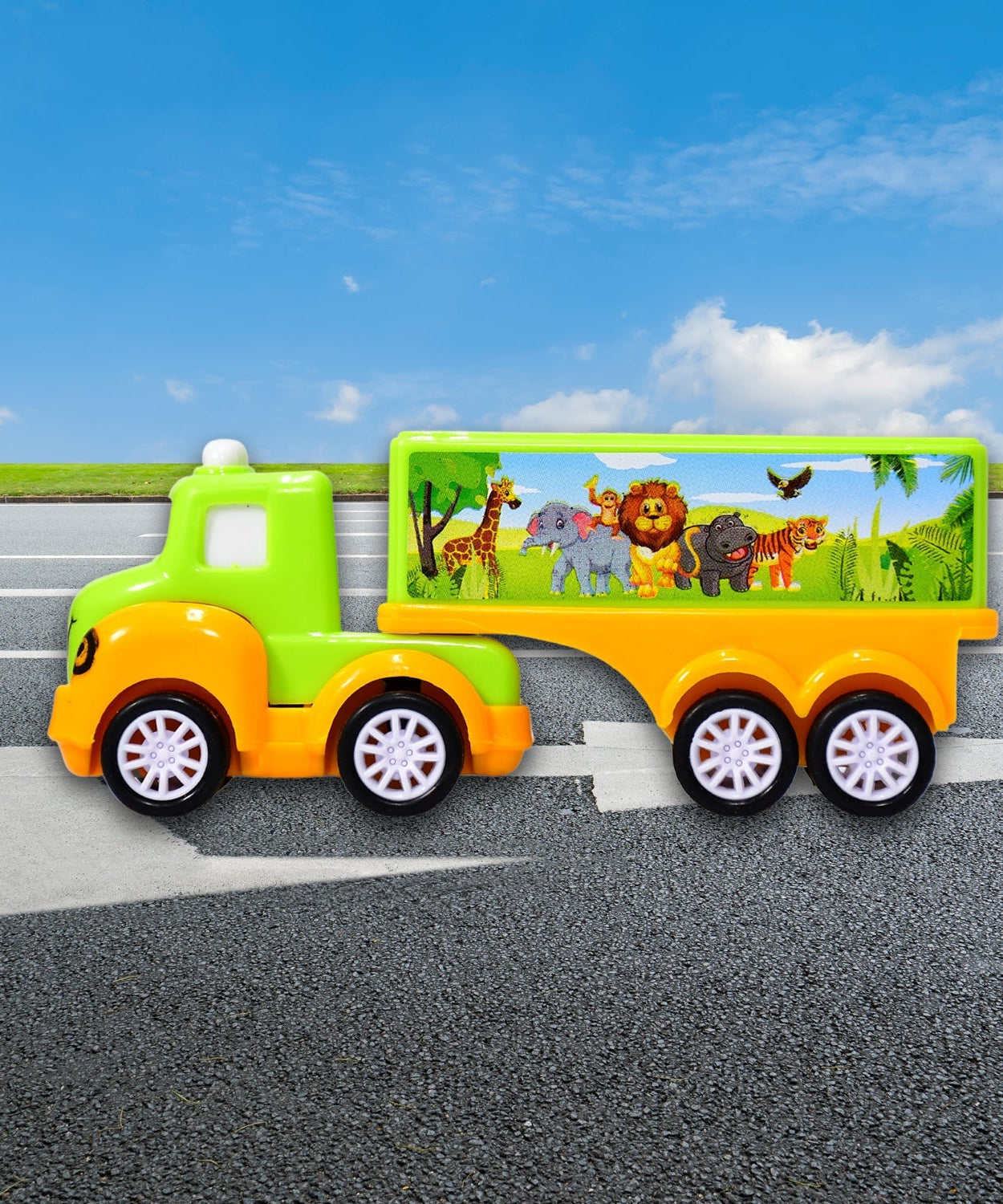 Green and yellow toy truck, small size