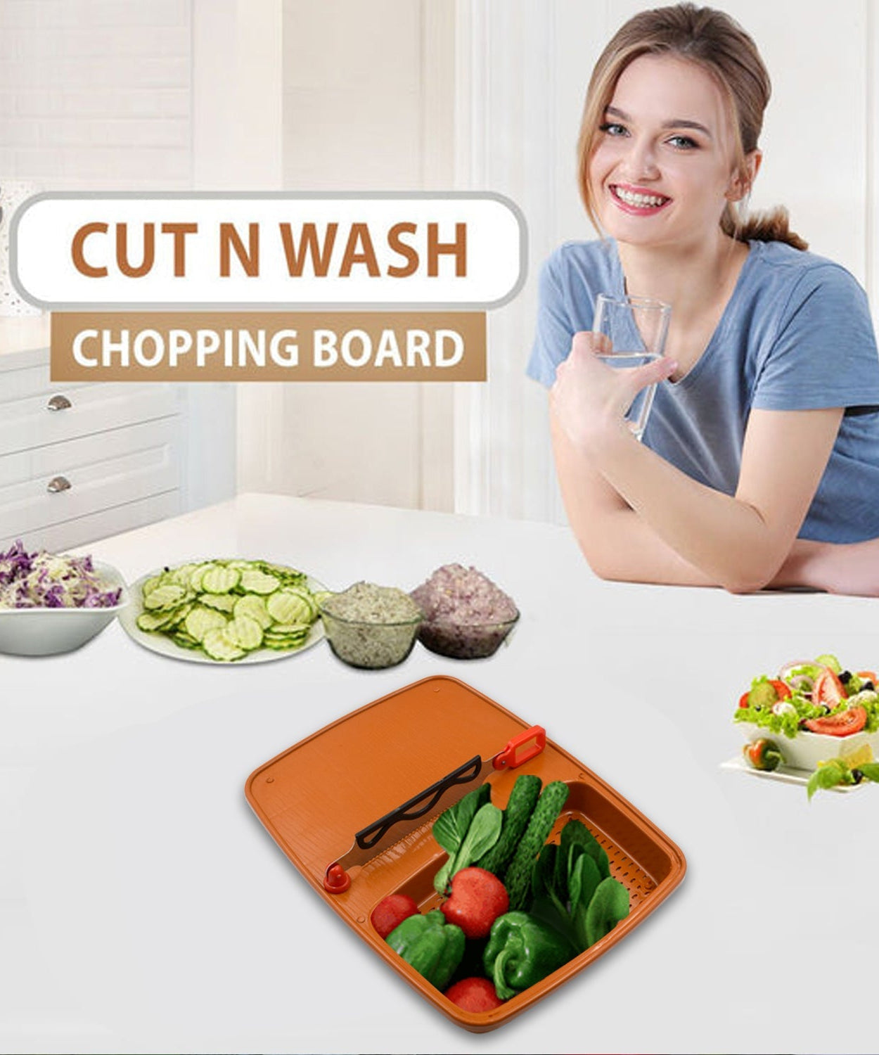 Cut and wash box with integrated tray for efficient fruit and vegetable handling.