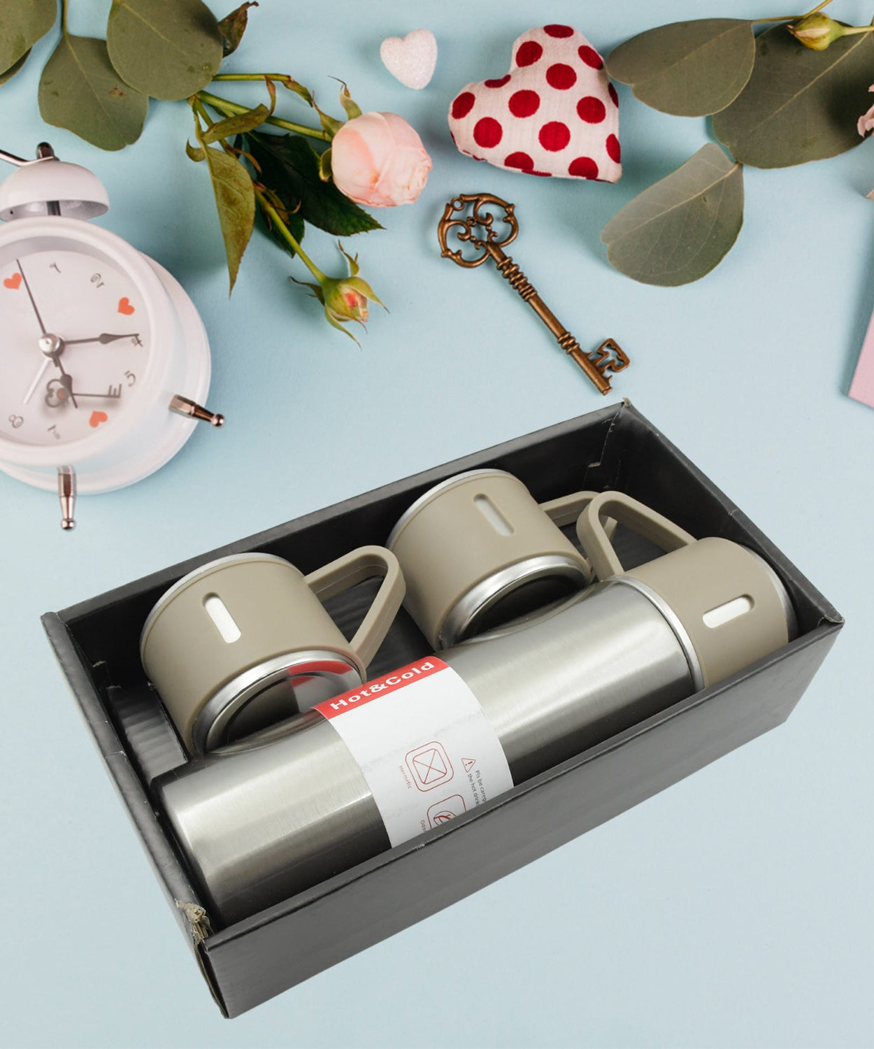Stainless Steel Vacuum Flask Set with 3 Steel Cups Combo for Coffee Hot Drink and Cold Water Flask Ideal Gifting Travel Friendly Latest Flask Bottle. (500ml)