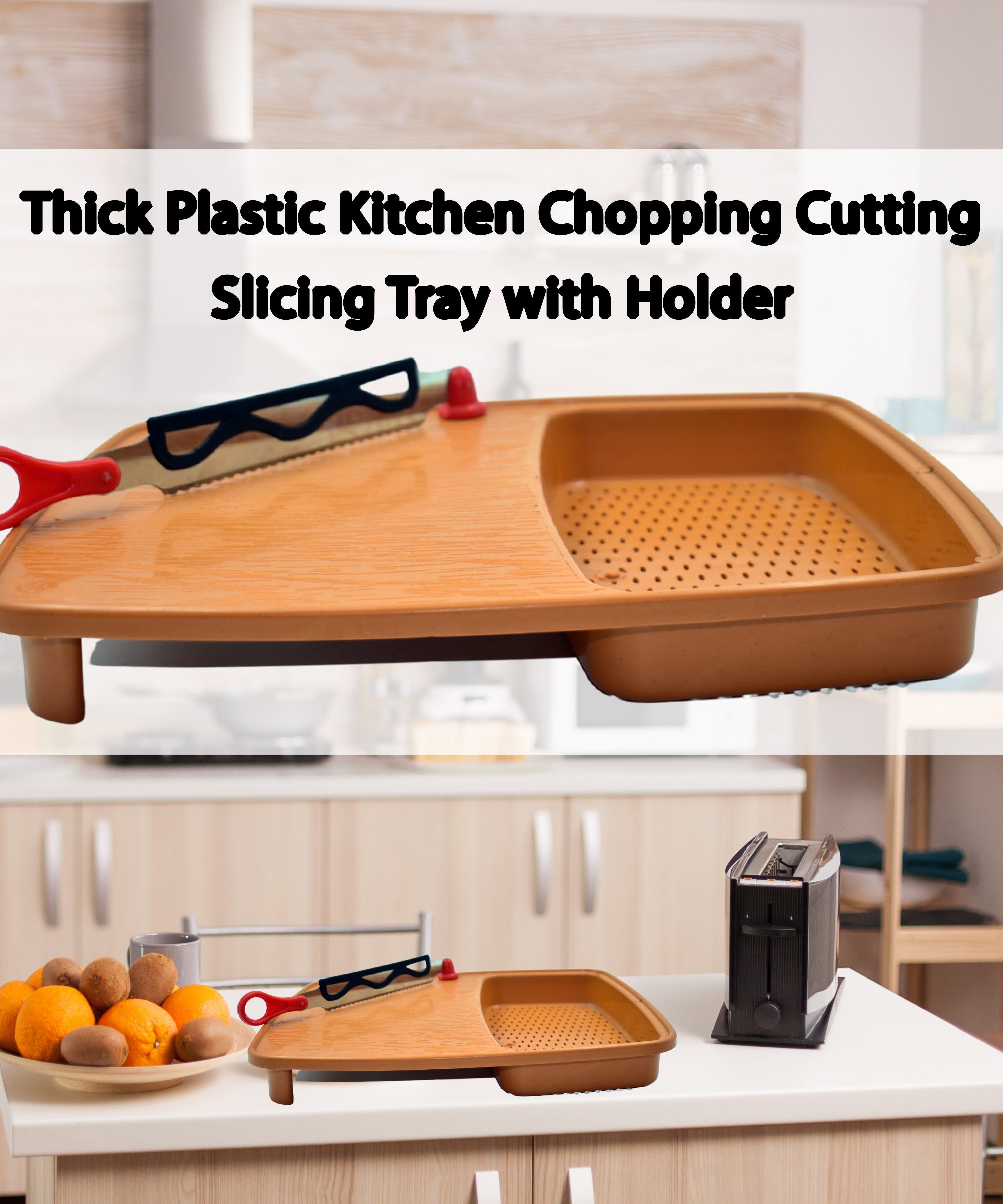 Plastic chopping board with holder for slicing and cutting.